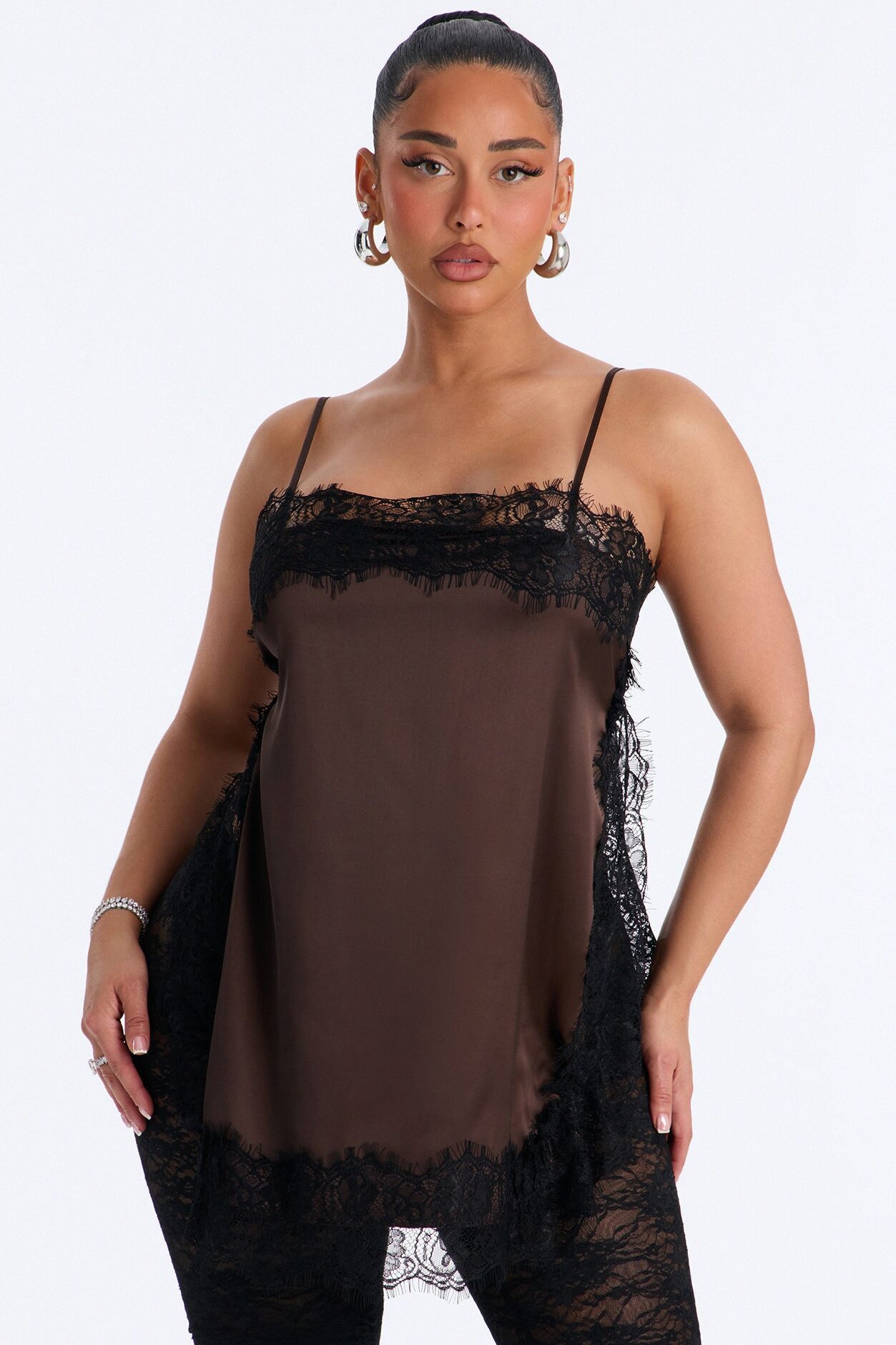 No Filter Needed Lace Trim Satin Top - Brown/combo