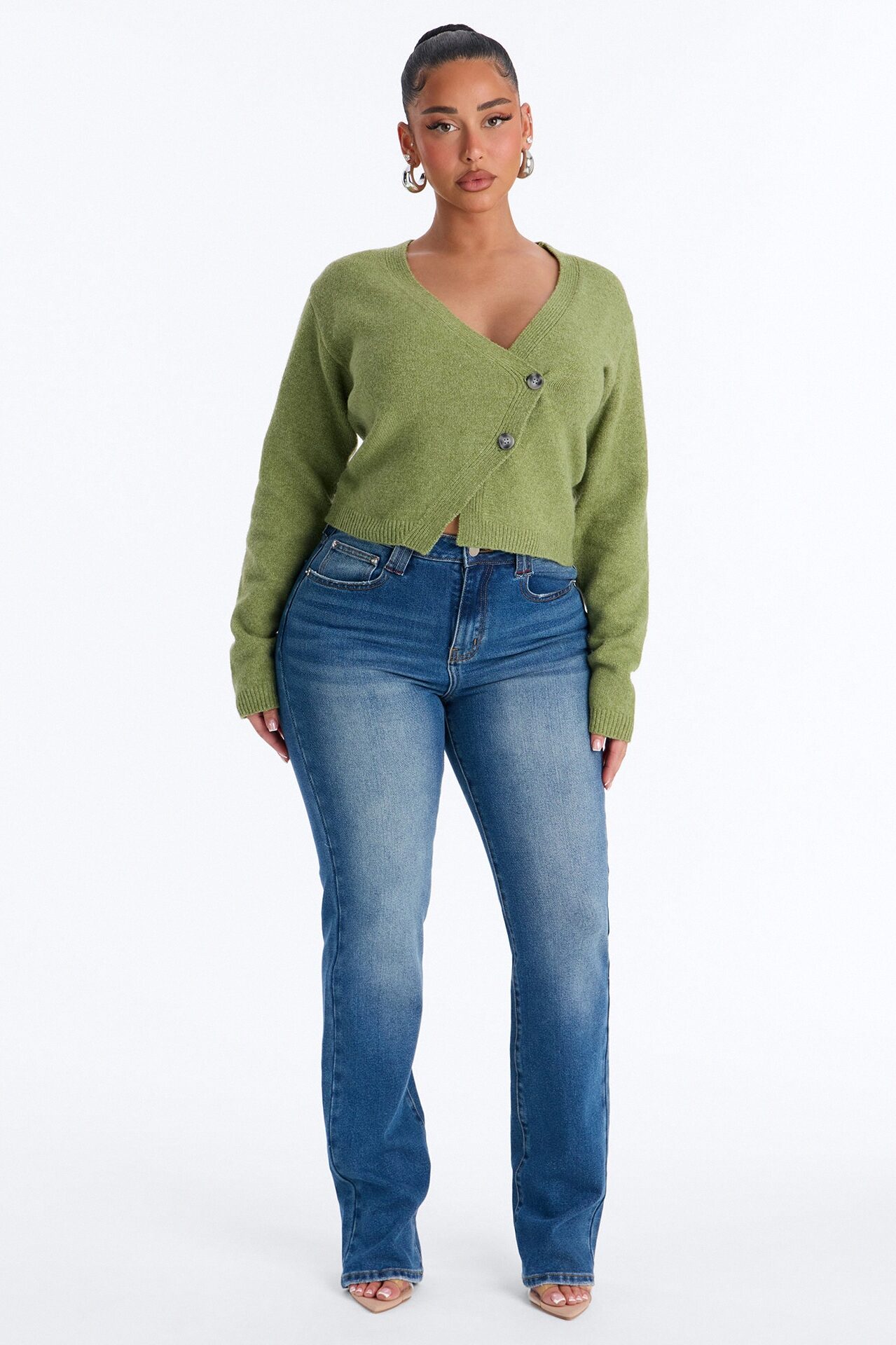 Elaia Asymmetric Button Front Cardigan Sweater - Moss