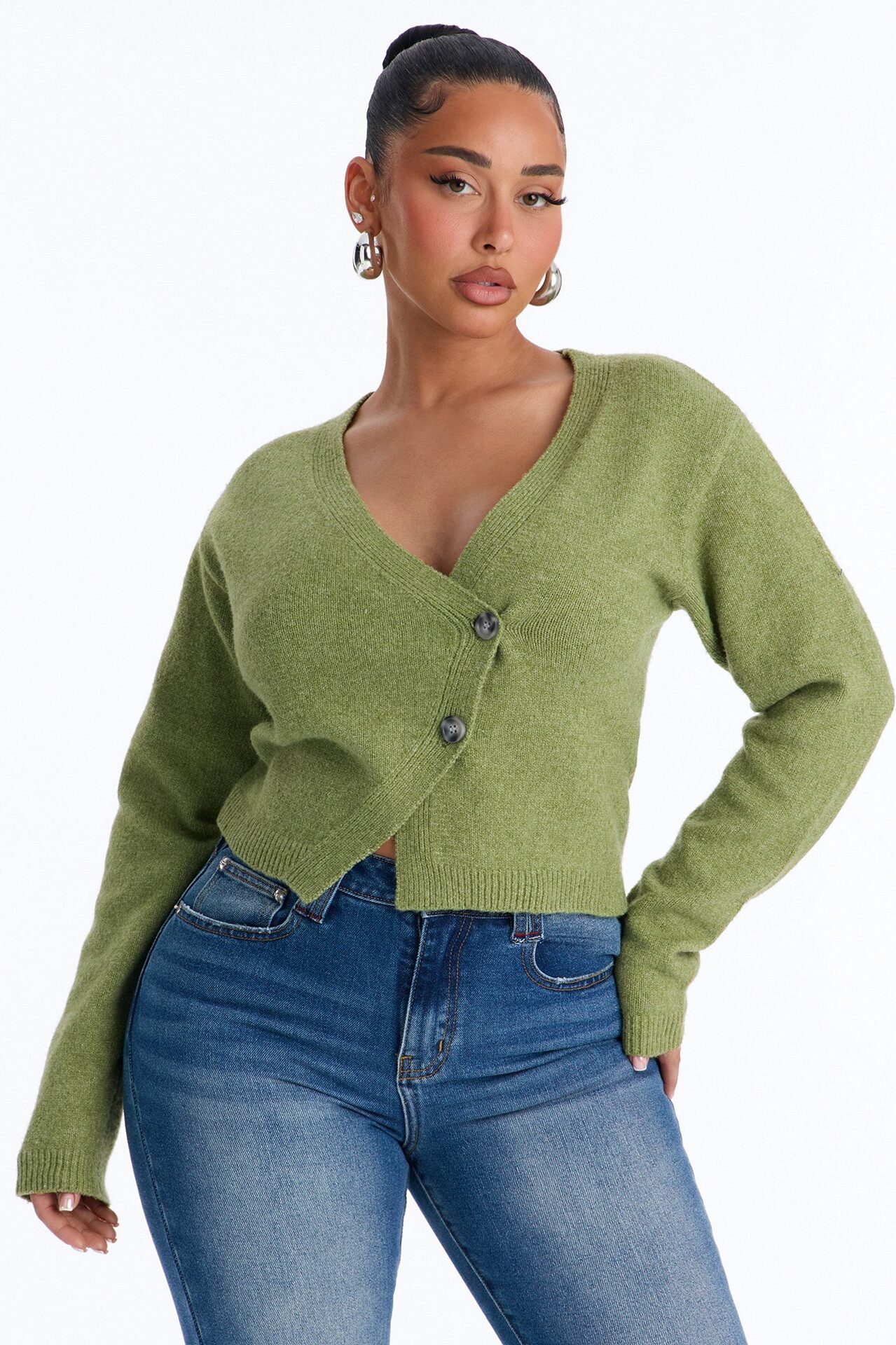 Elaia Asymmetric Button Front Cardigan Sweater - Moss