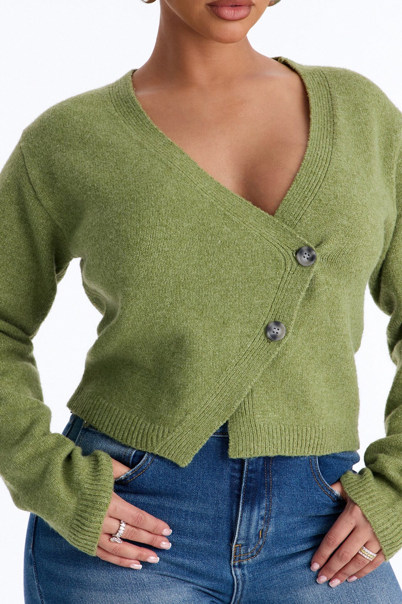 Elaia Asymmetric Button Front Cardigan Sweater - Moss