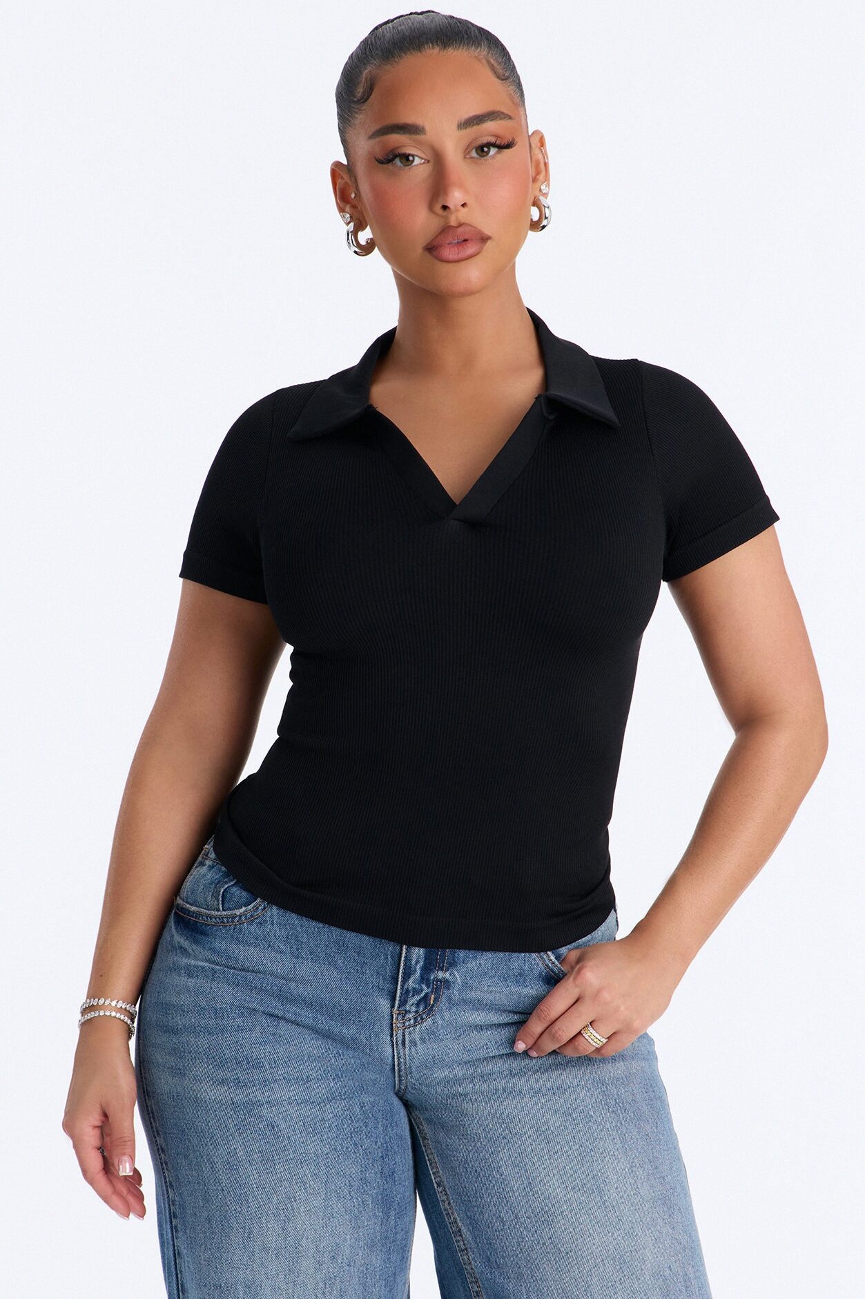 Evie Seamless Basic Polo Top - Black