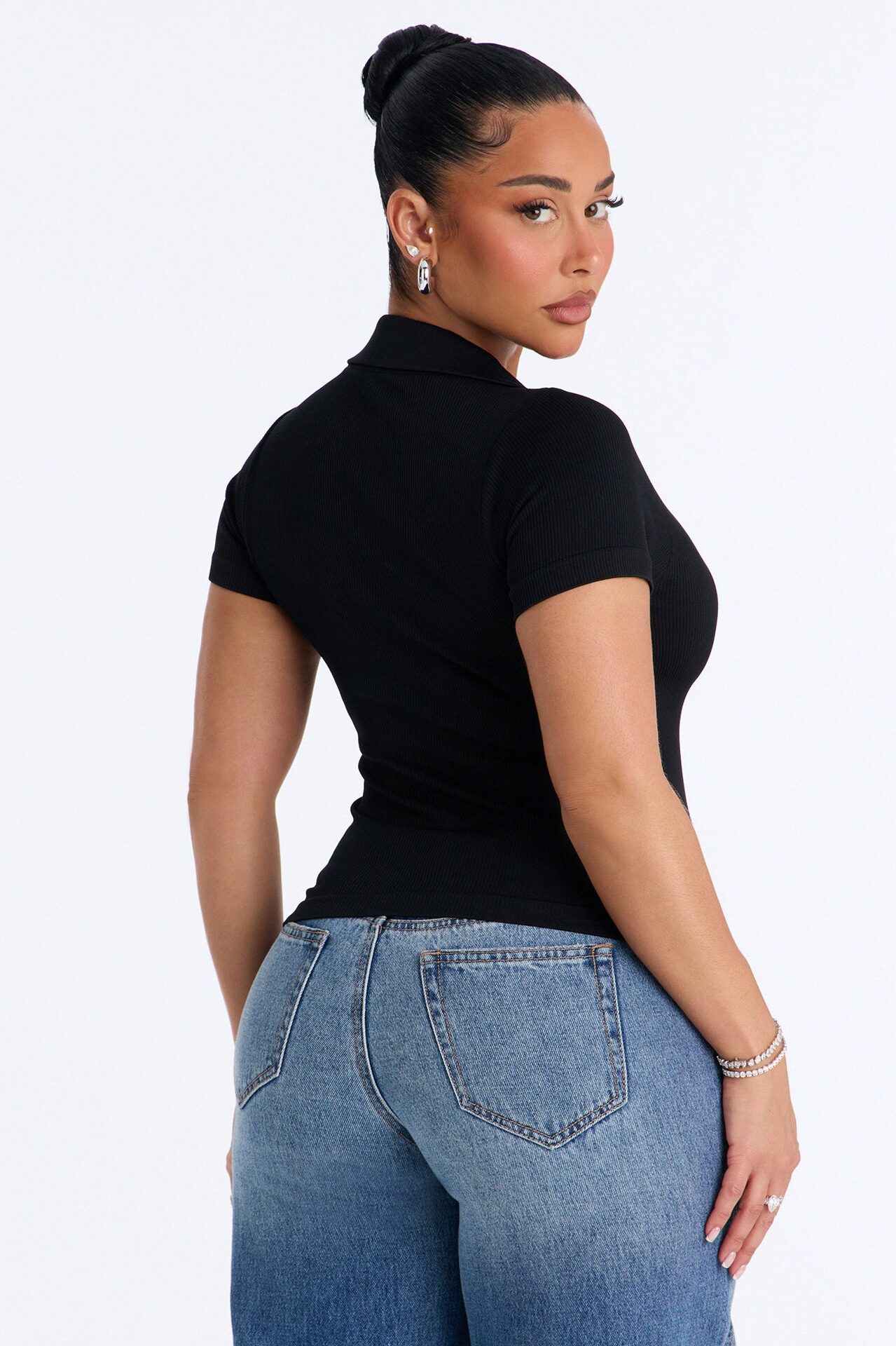 Evie Seamless Basic Polo Top - Black
