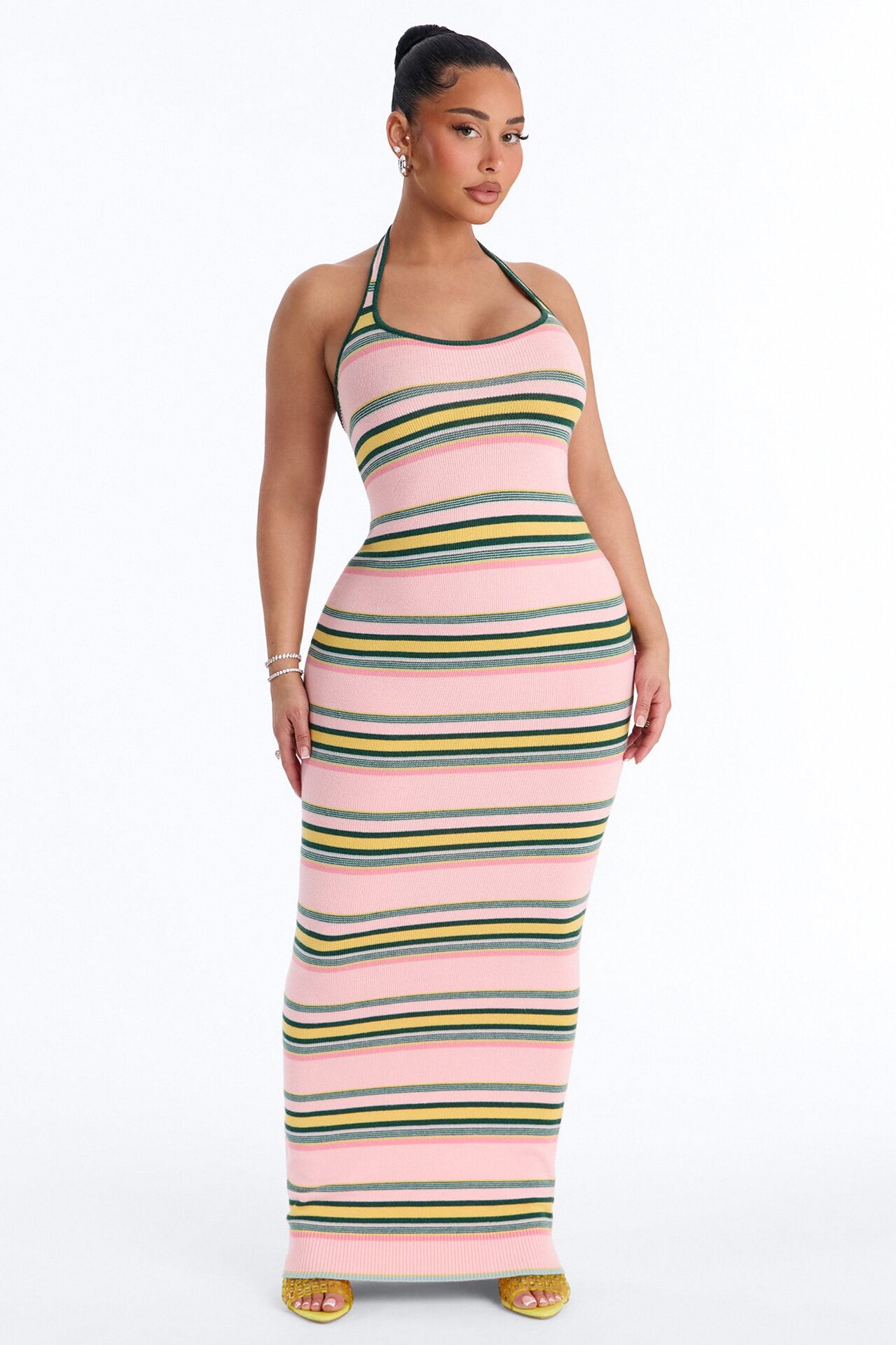 Bennie Halter Striped Sweater Maxi Dress - Pink/combo