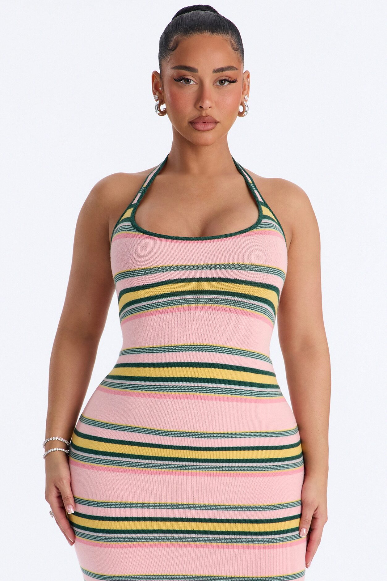 Bennie Halter Striped Sweater Maxi Dress - Pink/combo