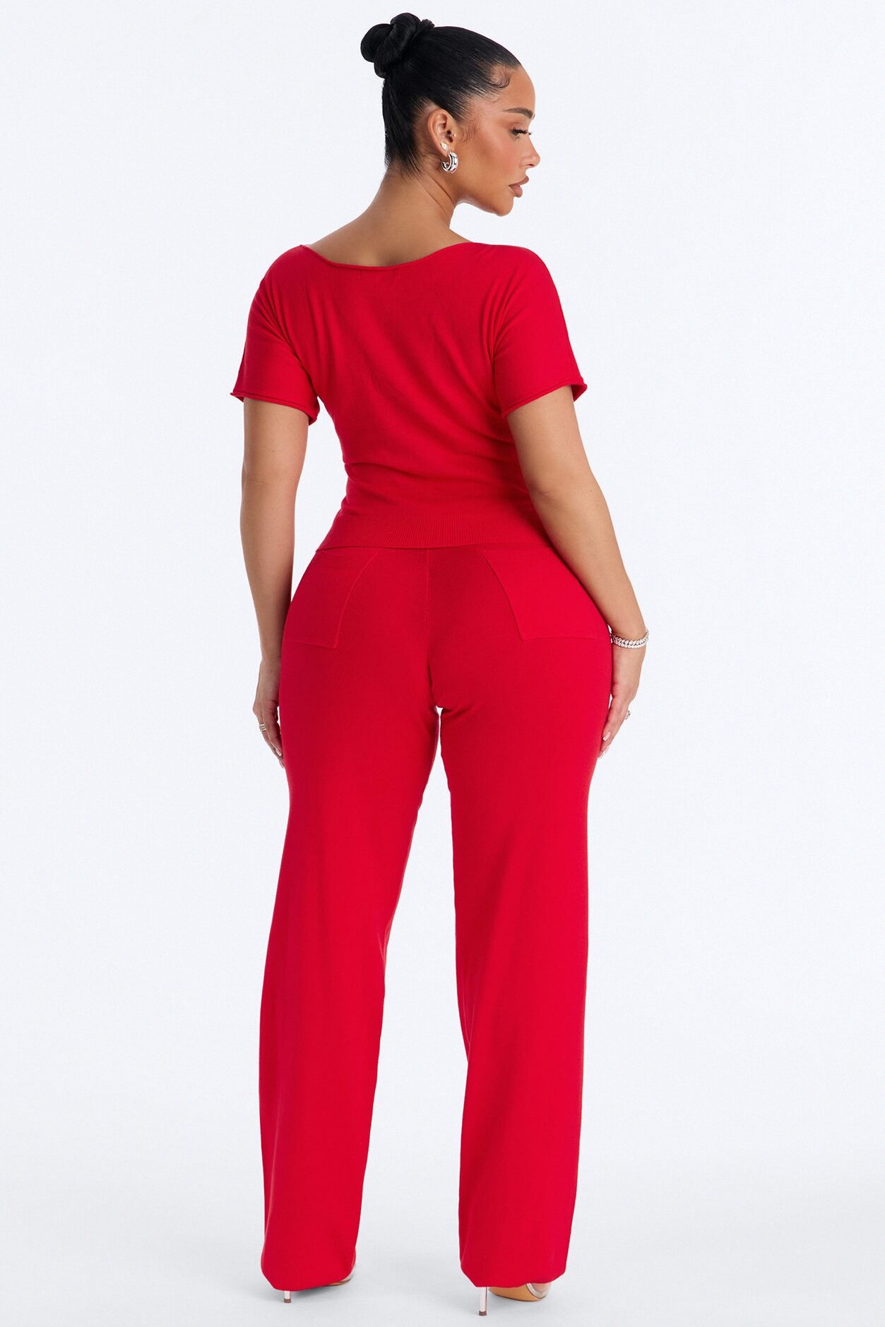 Catelyn Sweater Knit Off Shoulder Pant Set - Red