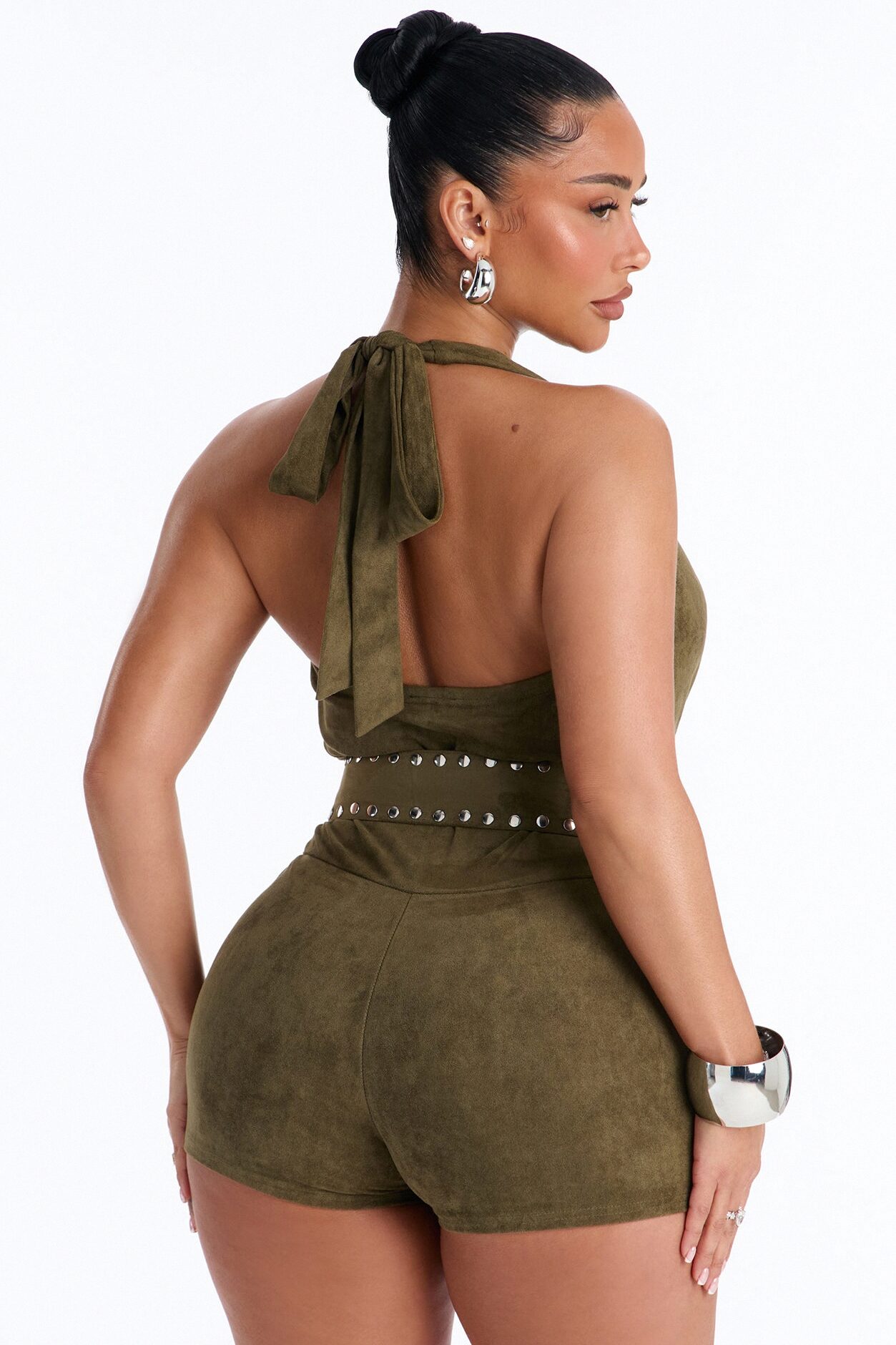 Western Wonder Cowl Neck Faux Suede Romper - Olive