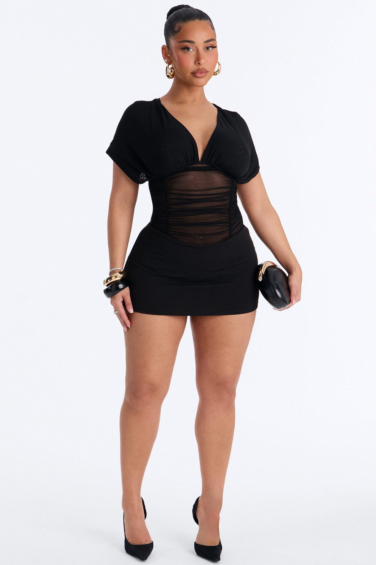 Leilani Sheer Mesh Ruched Short Sleeve Bodysuit - Black