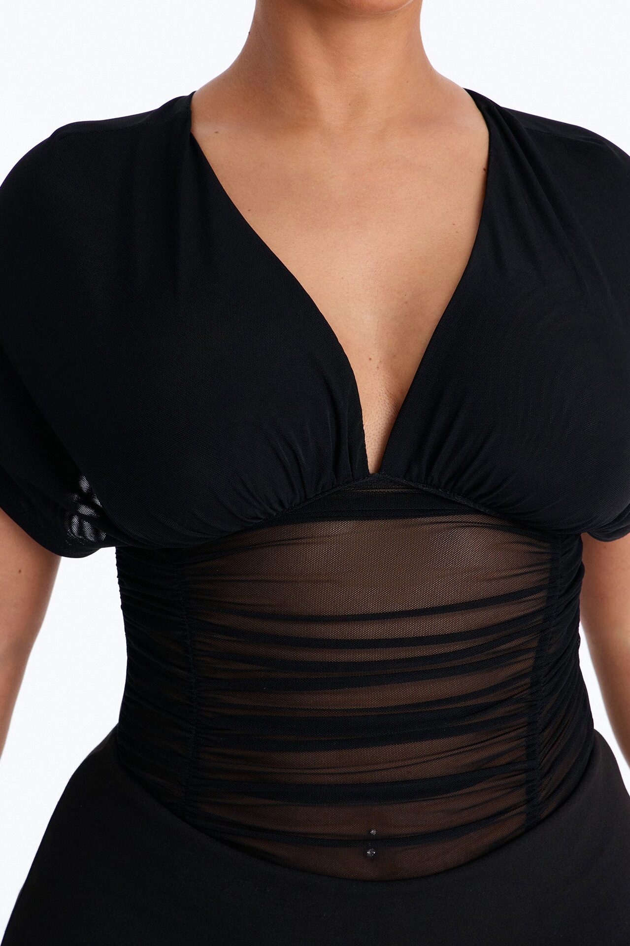 Leilani Sheer Mesh Ruched Short Sleeve Bodysuit - Black