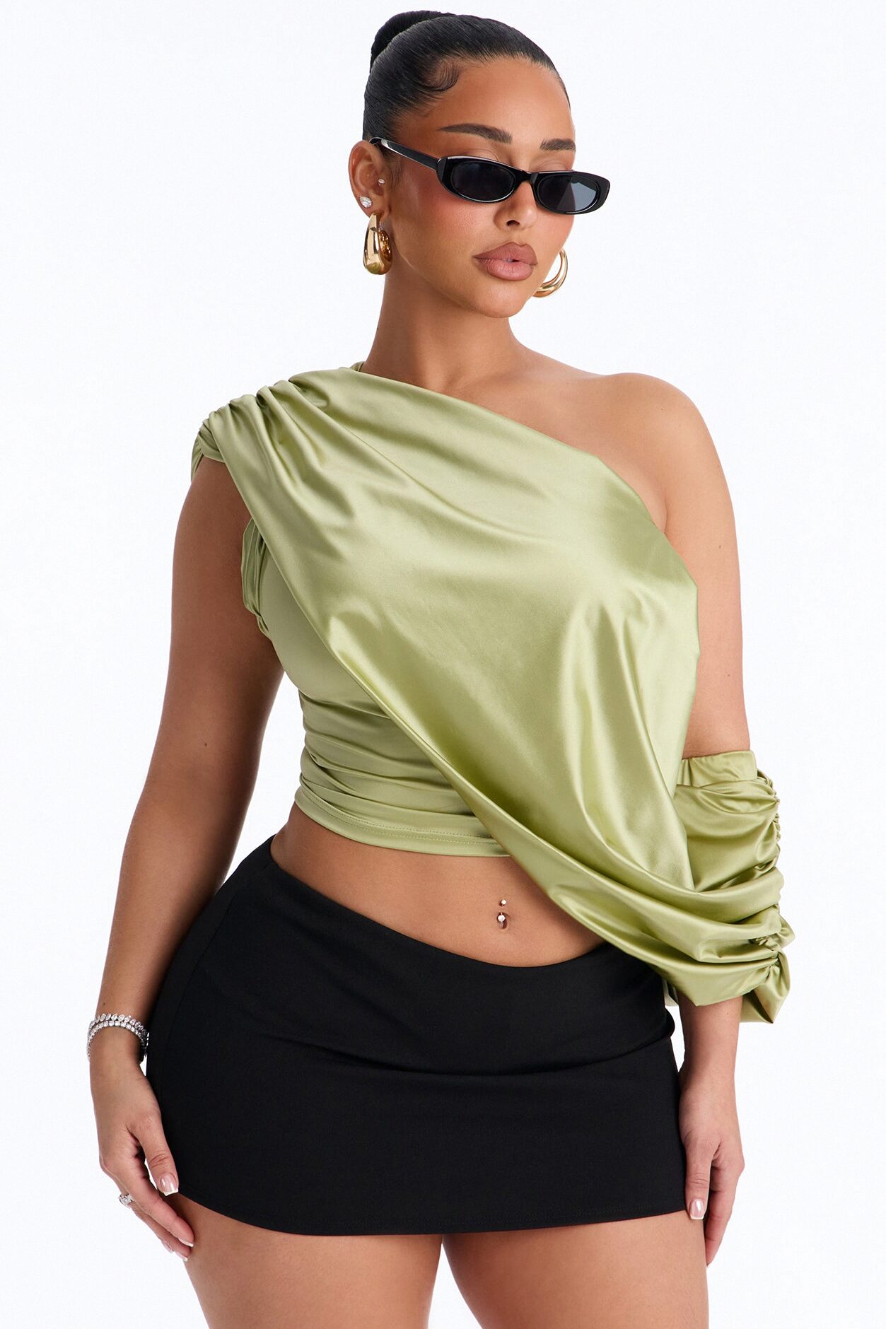 Eternal Muse Satin Draped Off Shoulder Top - Olive