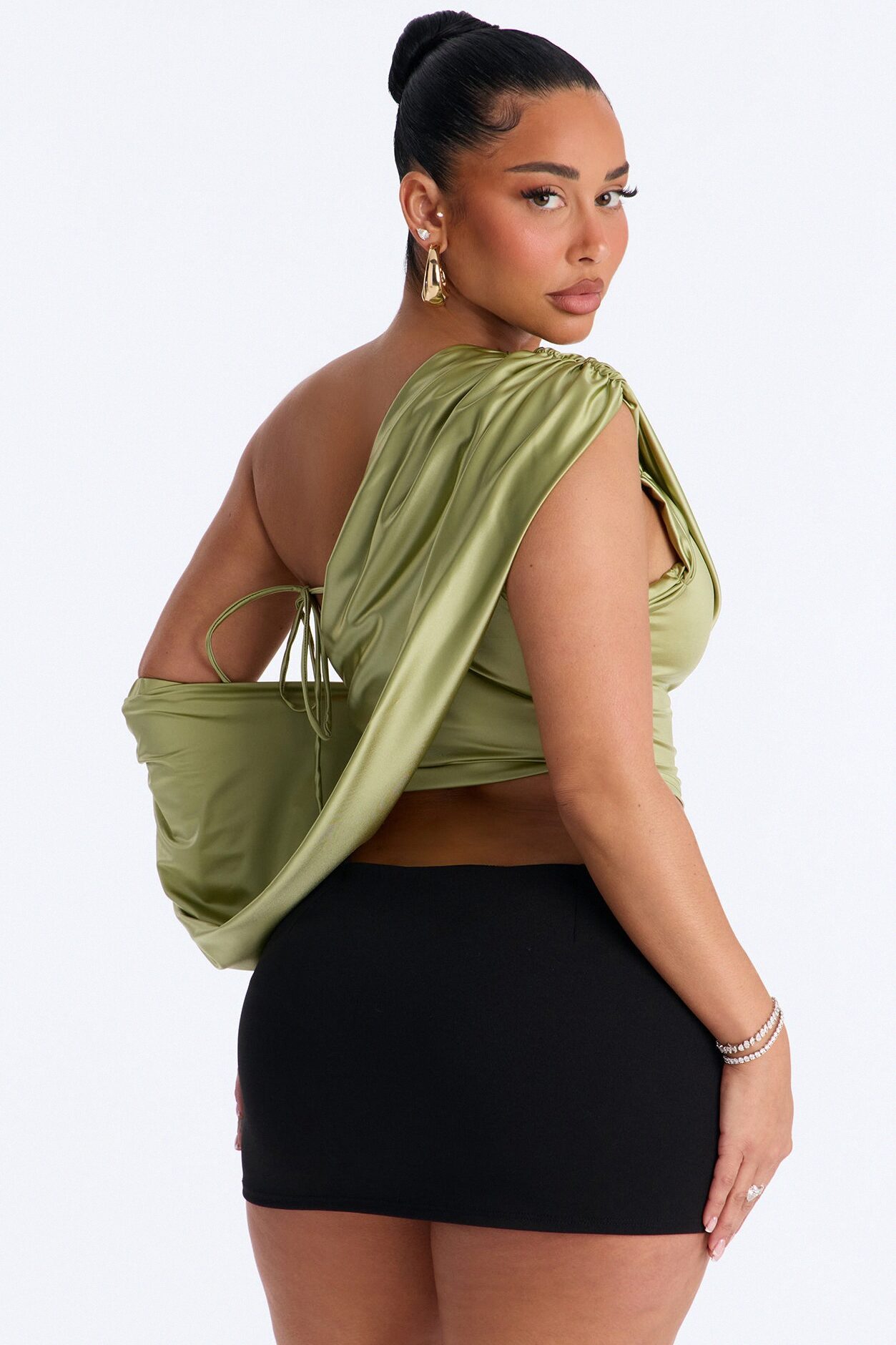 Eternal Muse Satin Draped Off Shoulder Top - Olive