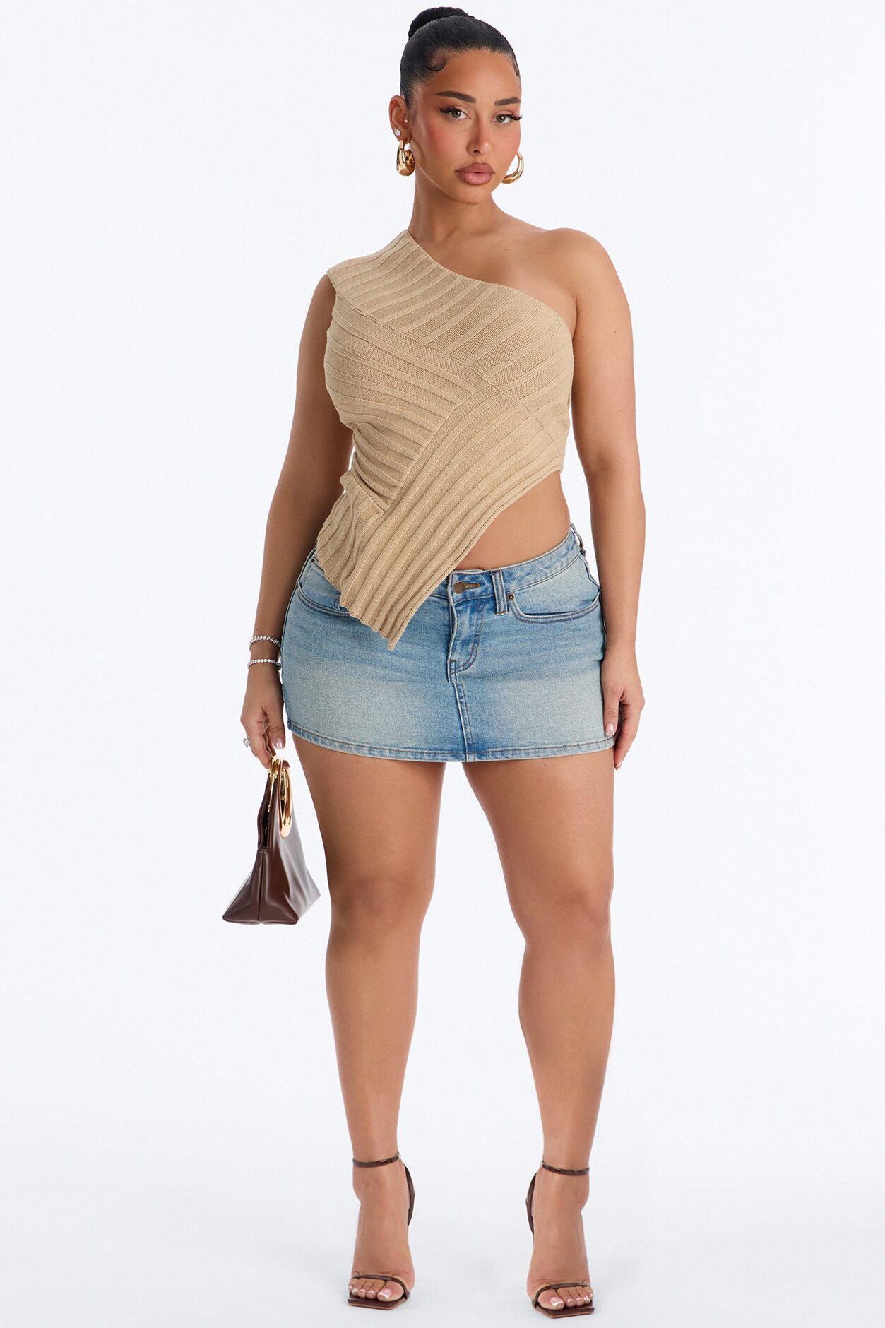 Amaya One Shoulder Sweater Top - Stone