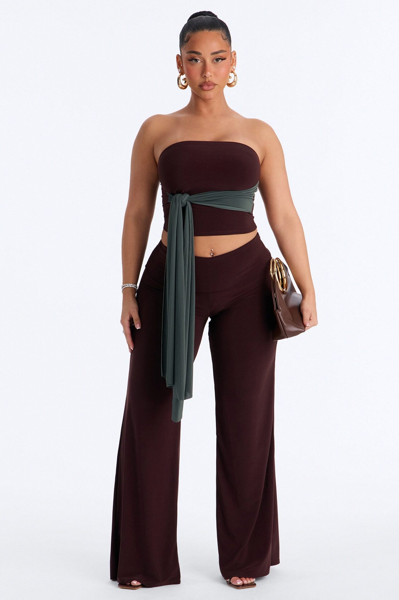 Devin Tie Front Colorblock Pant Set - Brown/combo