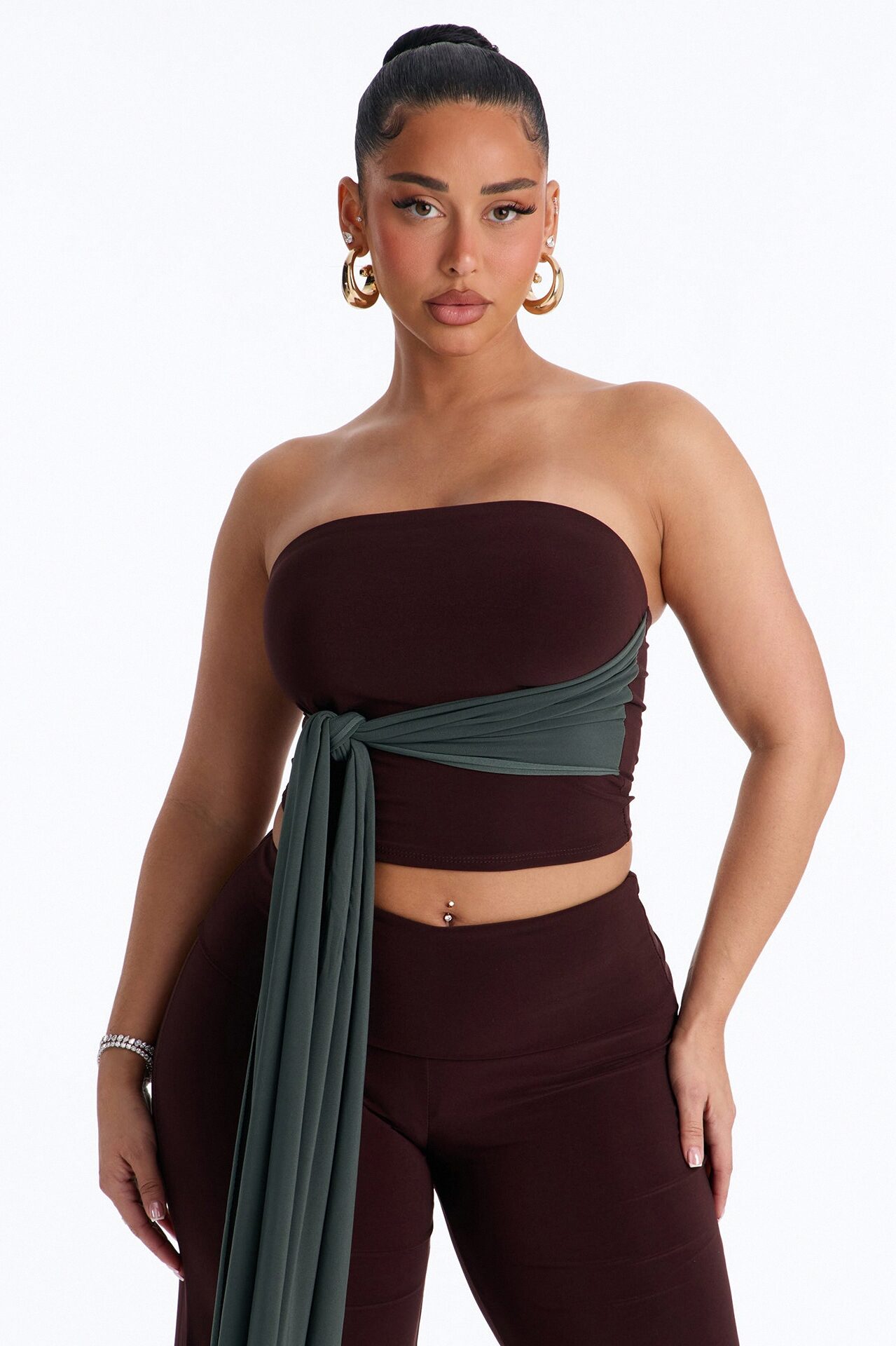 Devin Tie Front Colorblock Pant Set - Brown/combo