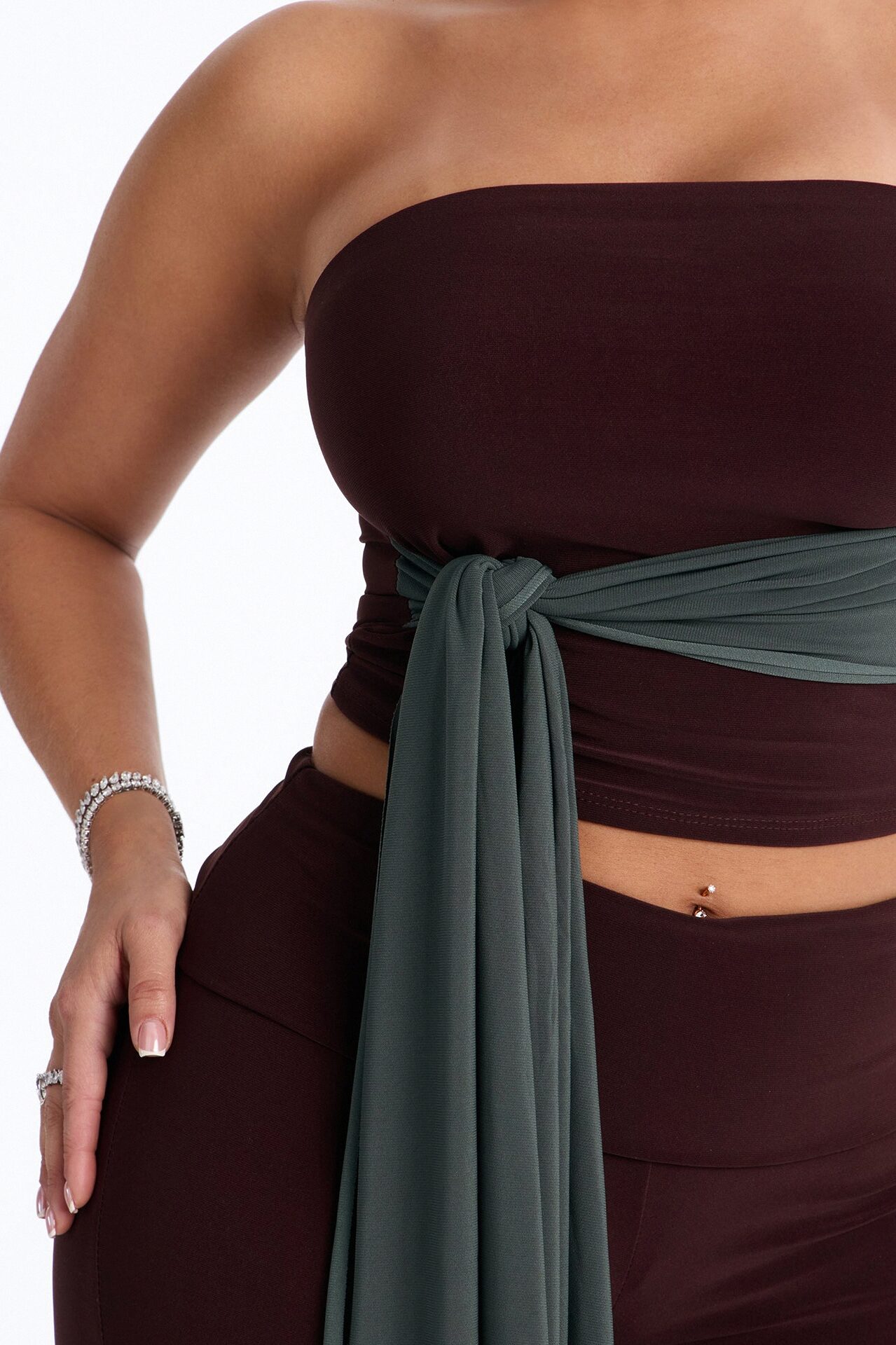 Devin Tie Front Colorblock Pant Set - Brown/combo