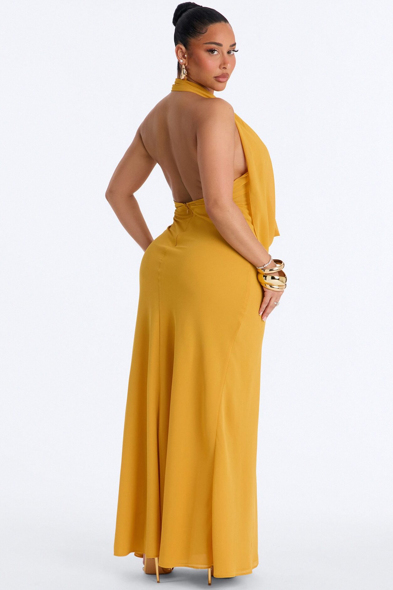 Indyah Draped Chiffon Maxi Dress - Mustard