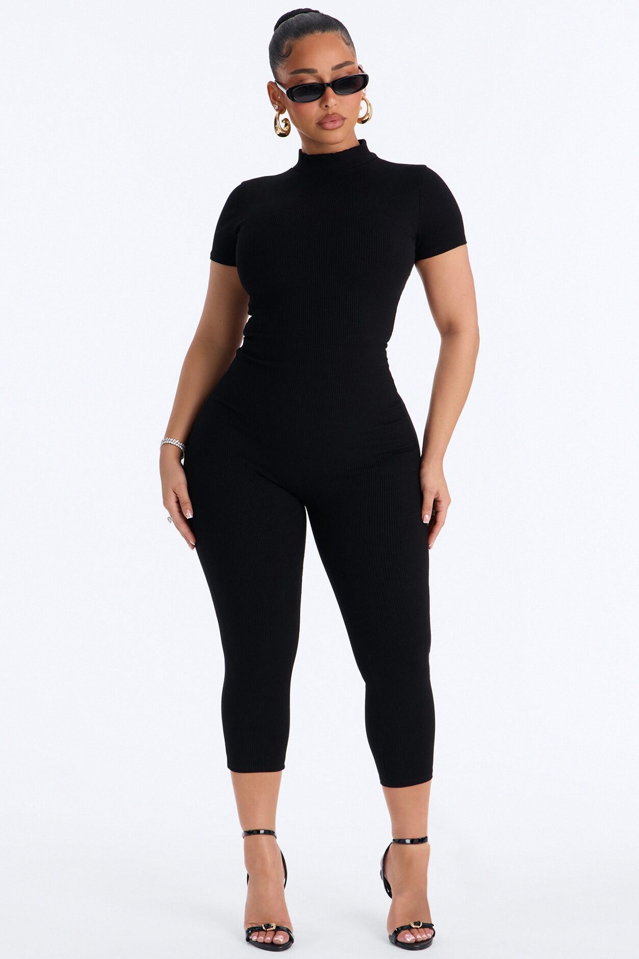 Maribel Short Sleeve Capri Jumpsuit - Black