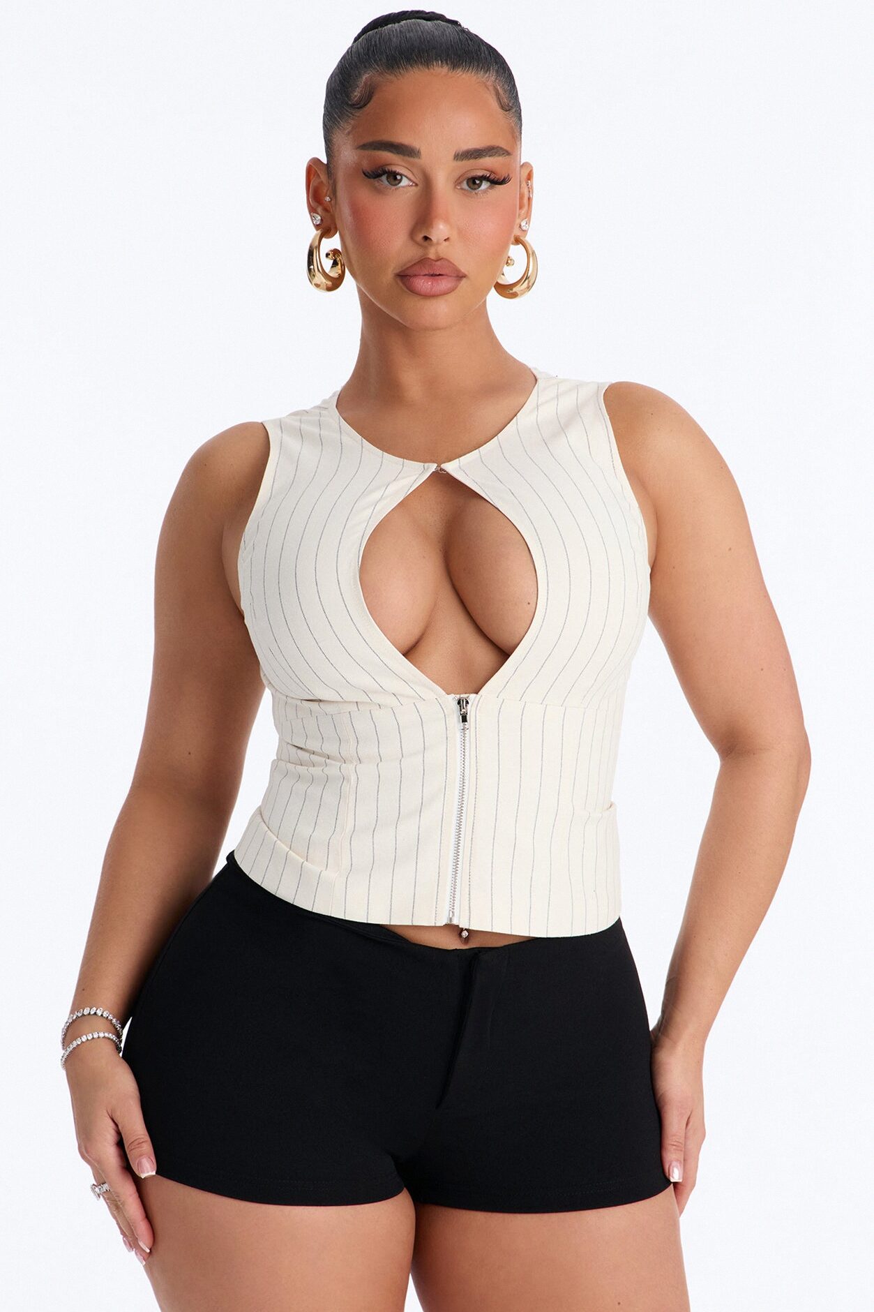 City Heart Front Zip Pinstripe Linen Top - Cream/combo