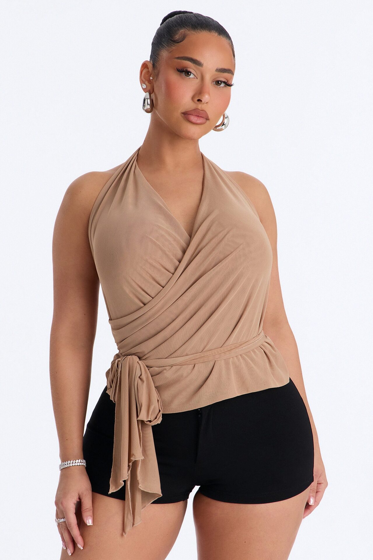 On Your Mind Mesh Draped Backless Halter Top - Taupe