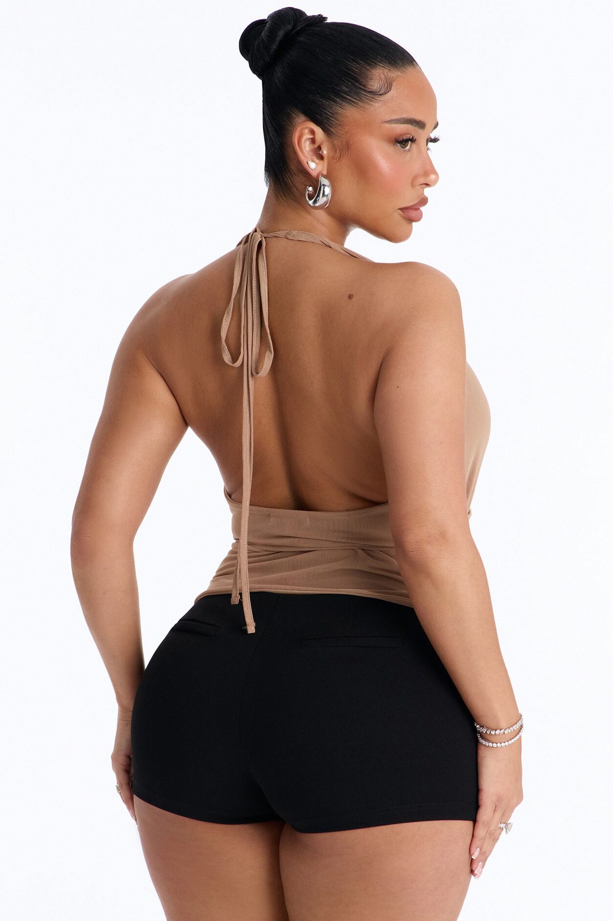 On Your Mind Mesh Draped Backless Halter Top - Taupe