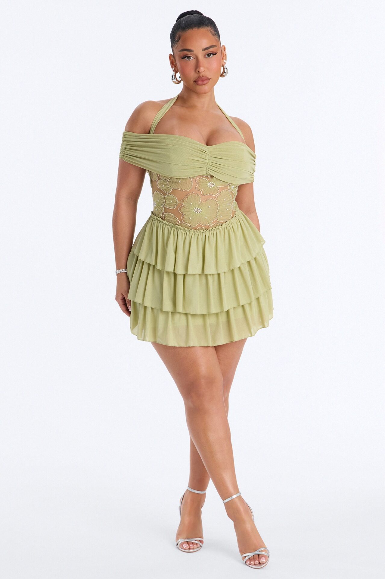 Remi Ruffle Beaded Mesh Mini Dress - Sage