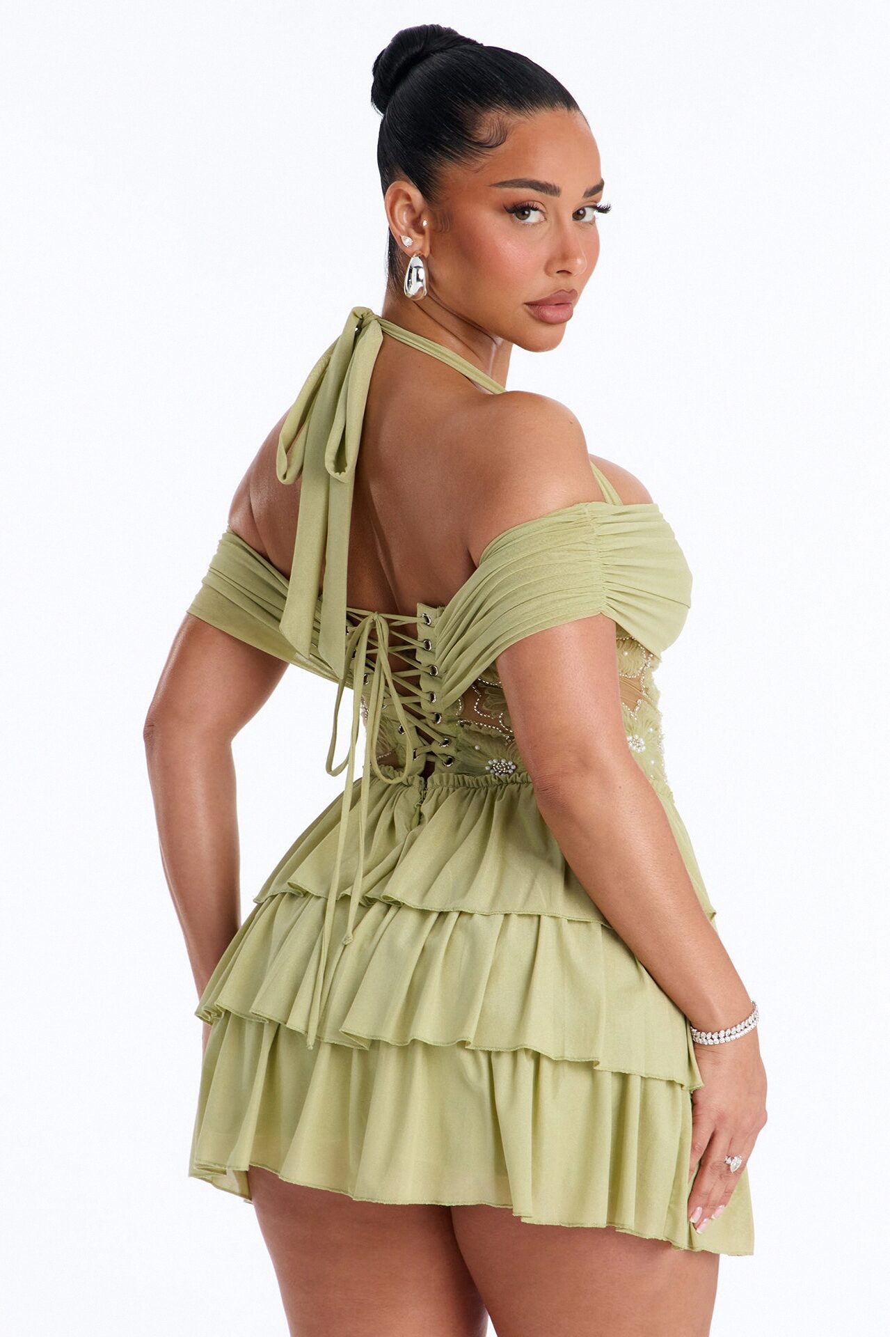 Remi Ruffle Beaded Mesh Mini Dress - Sage