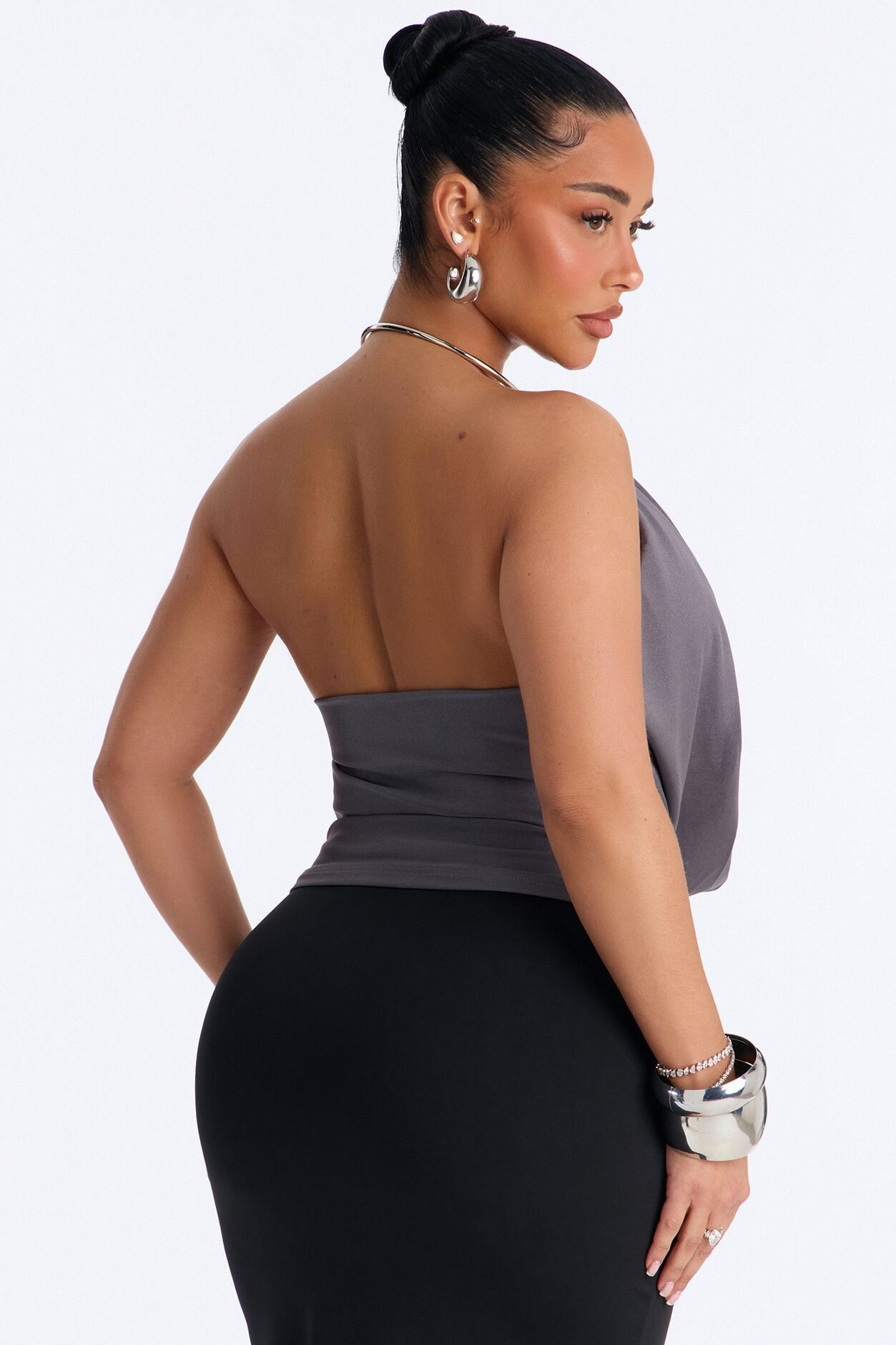 Lunar Goddess Cowl Neck Hardware Halter Top - Charcoal