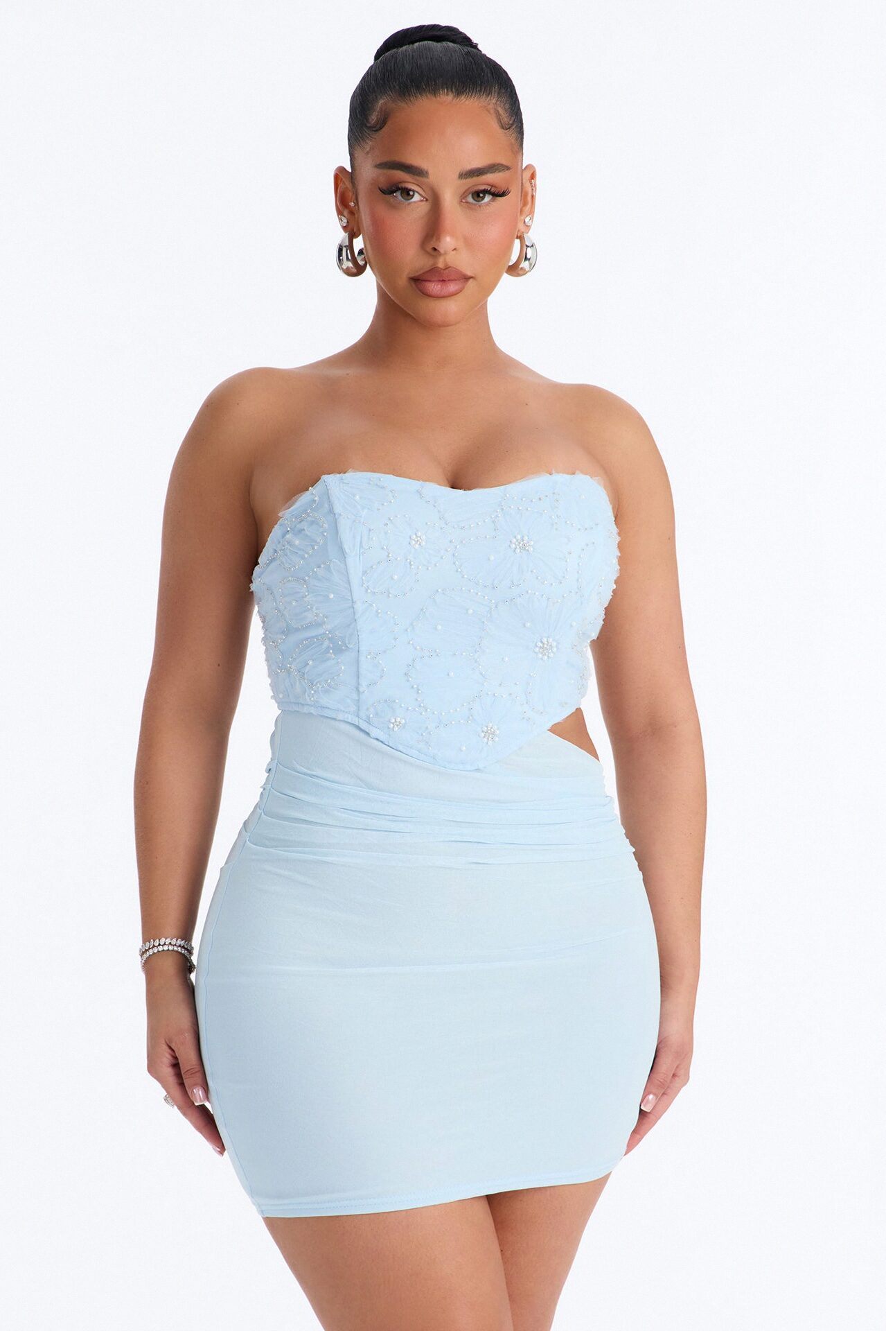 Daniella Embellished Mesh Mini Dress - Light Blue