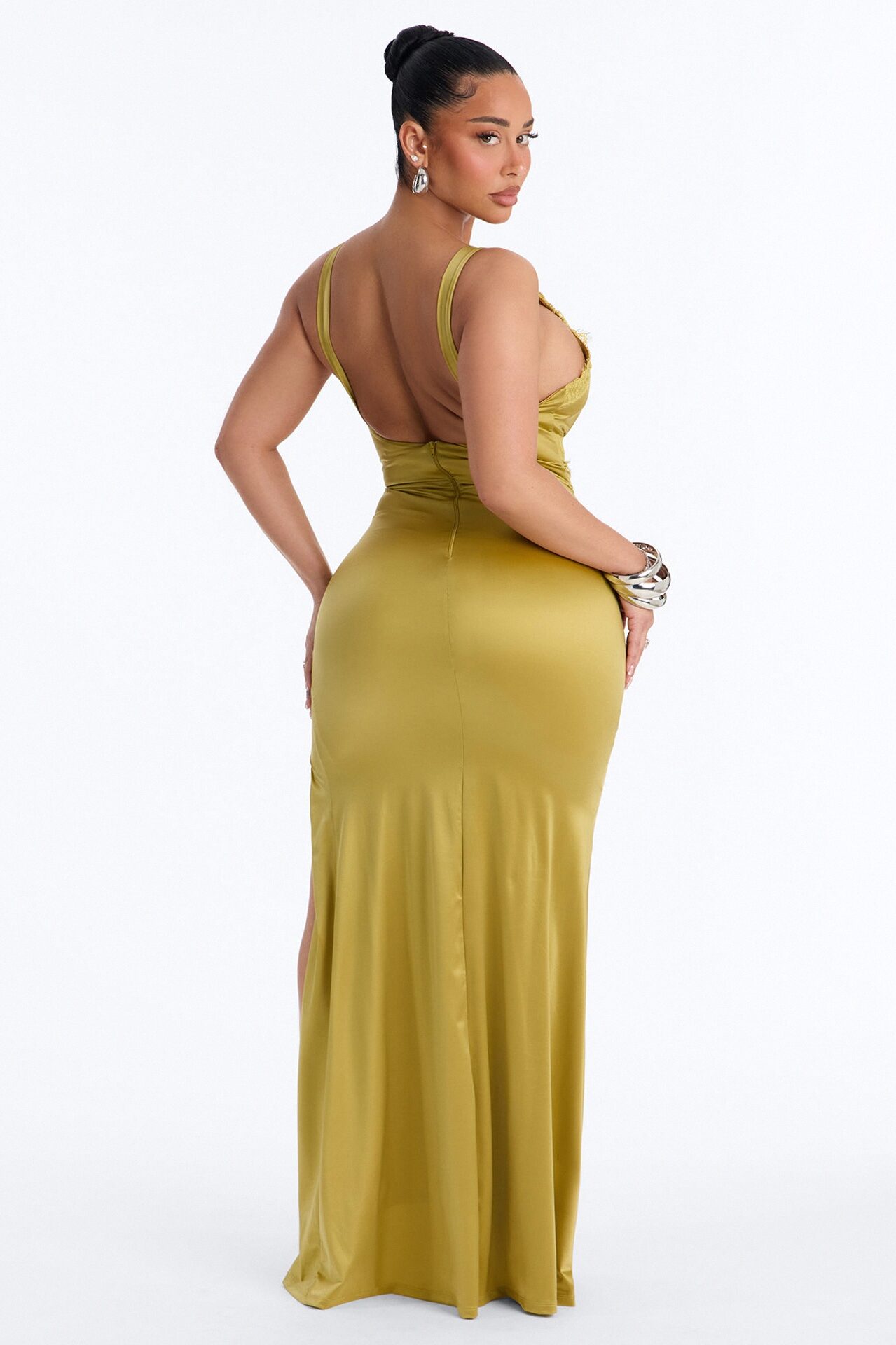 Thea Lace Satin Maxi Dress - Olive