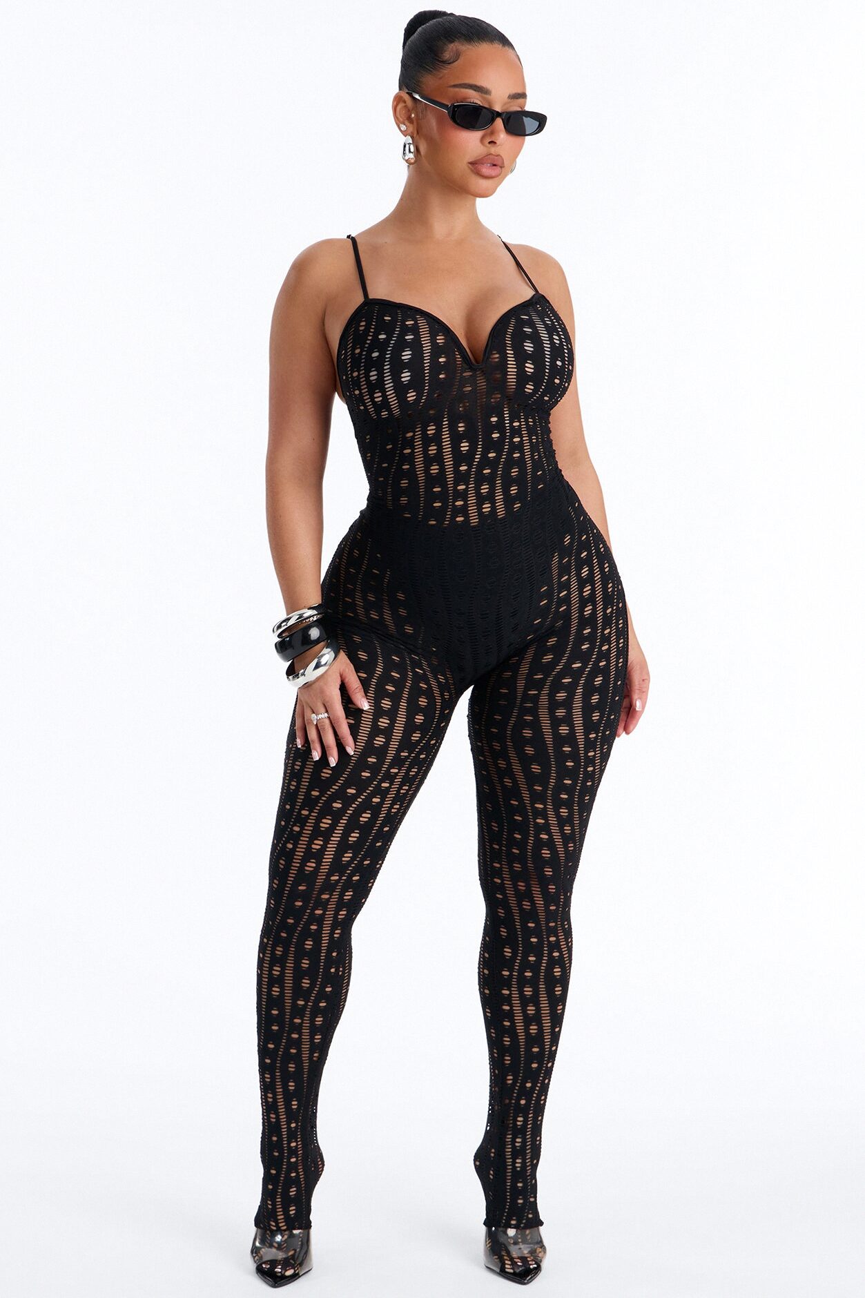 Mariyana Fishnet Skinny Leg Jumpsuit - Black