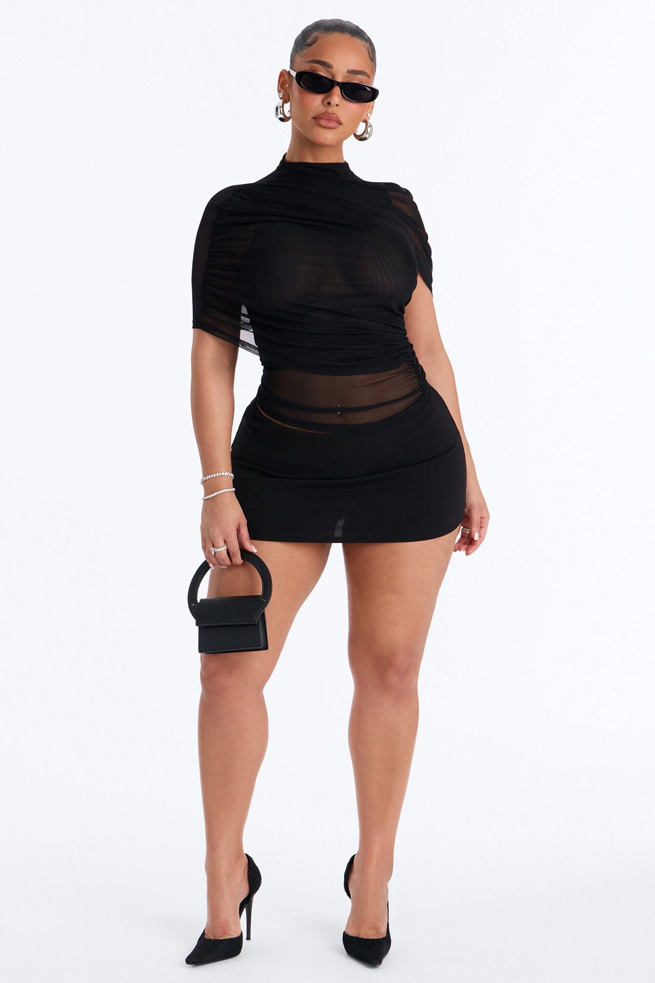 Kendall Mesh Mock Neck Short Sleeve Top - Black