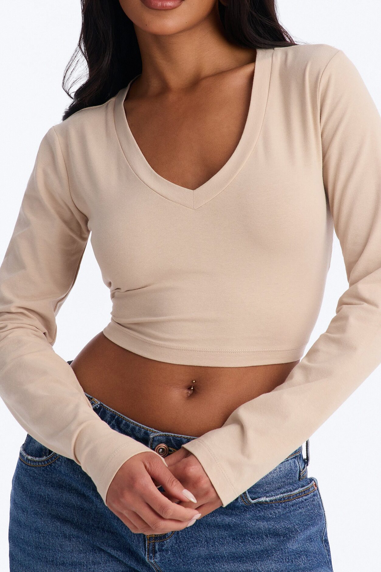 Carly V Neck Crop Long Sleeve Tee - Stone