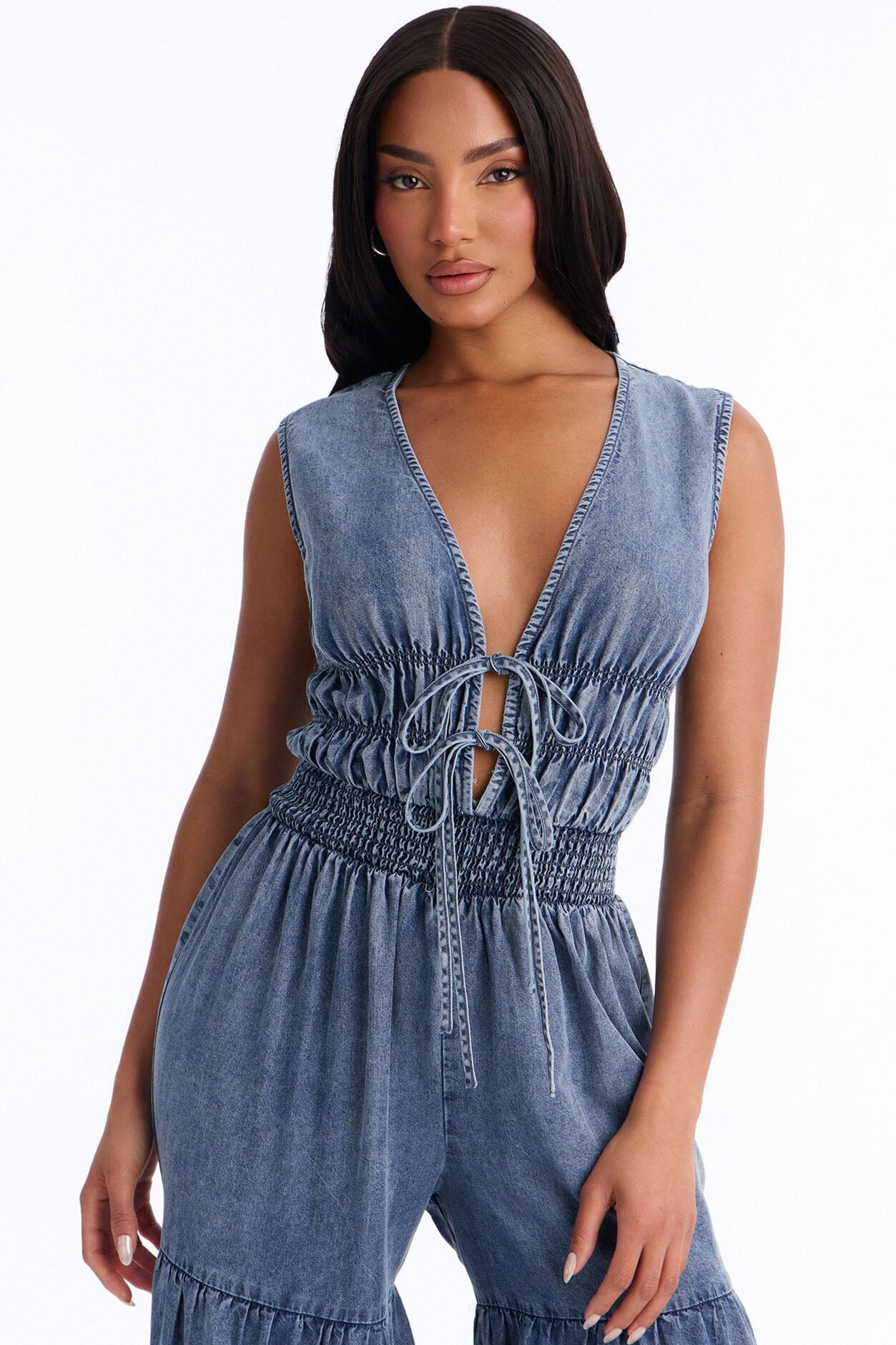 Hazel Plunge Neck Denim Jumpsuit - Light Wash