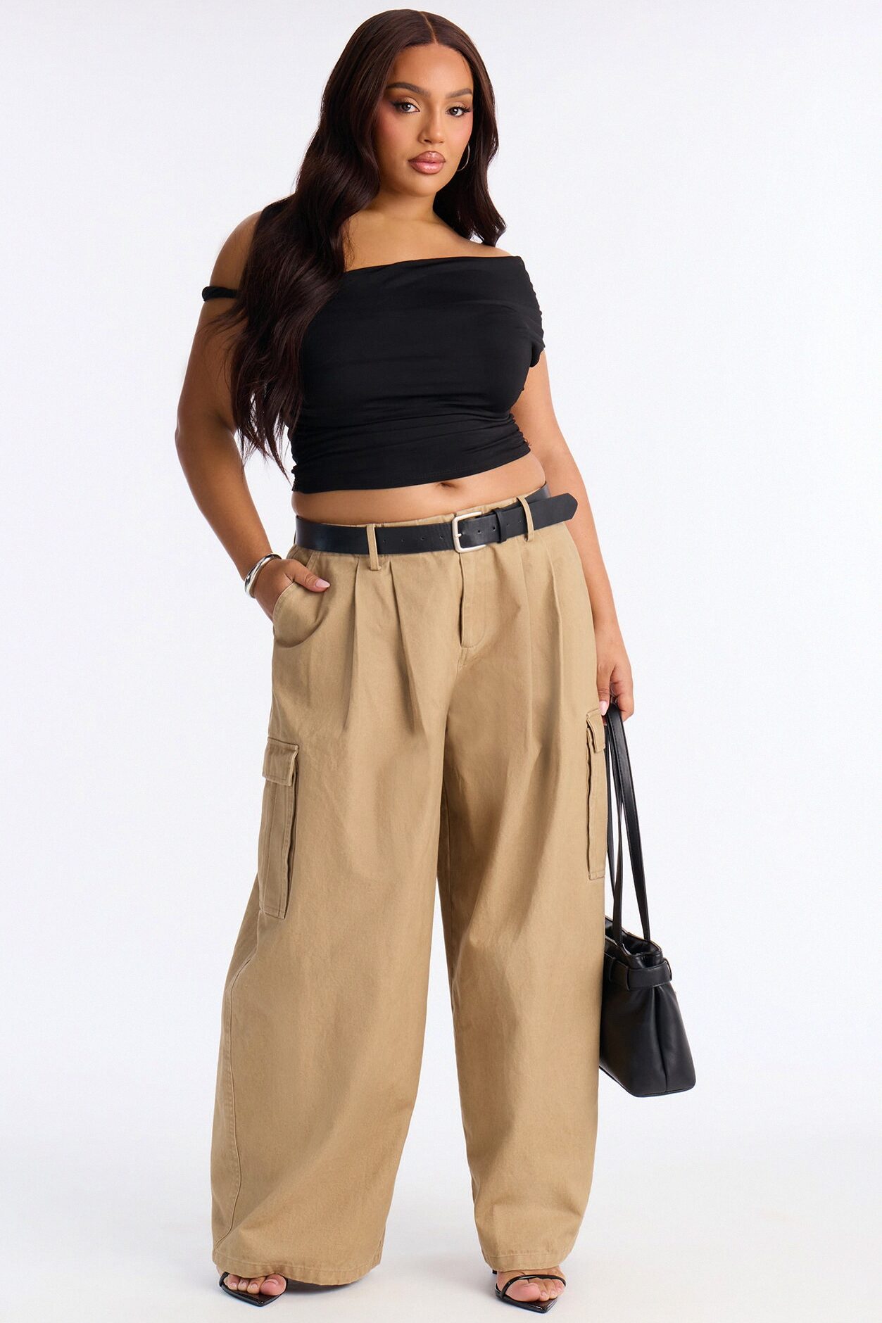 Raelynn Low Rise Belted Barrel Leg Cargo Pant - Khaki