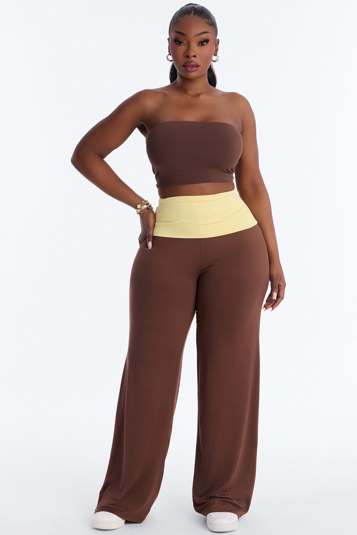 Aniyah Fold Over Flare Pant - Brown Combo