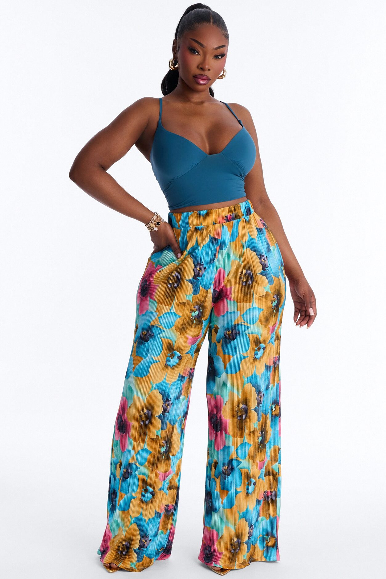 Pure Bliss Printed Plisse Pant - Blue/combo