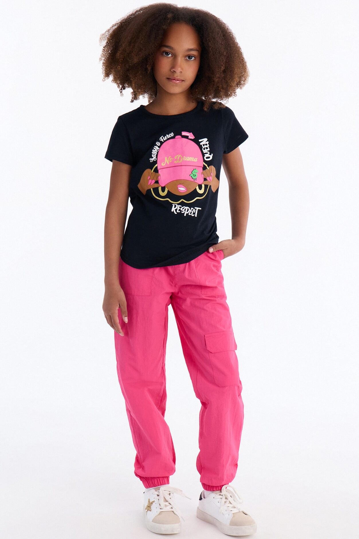 Mini No Drama Parachute Pant Set - Black/Pink