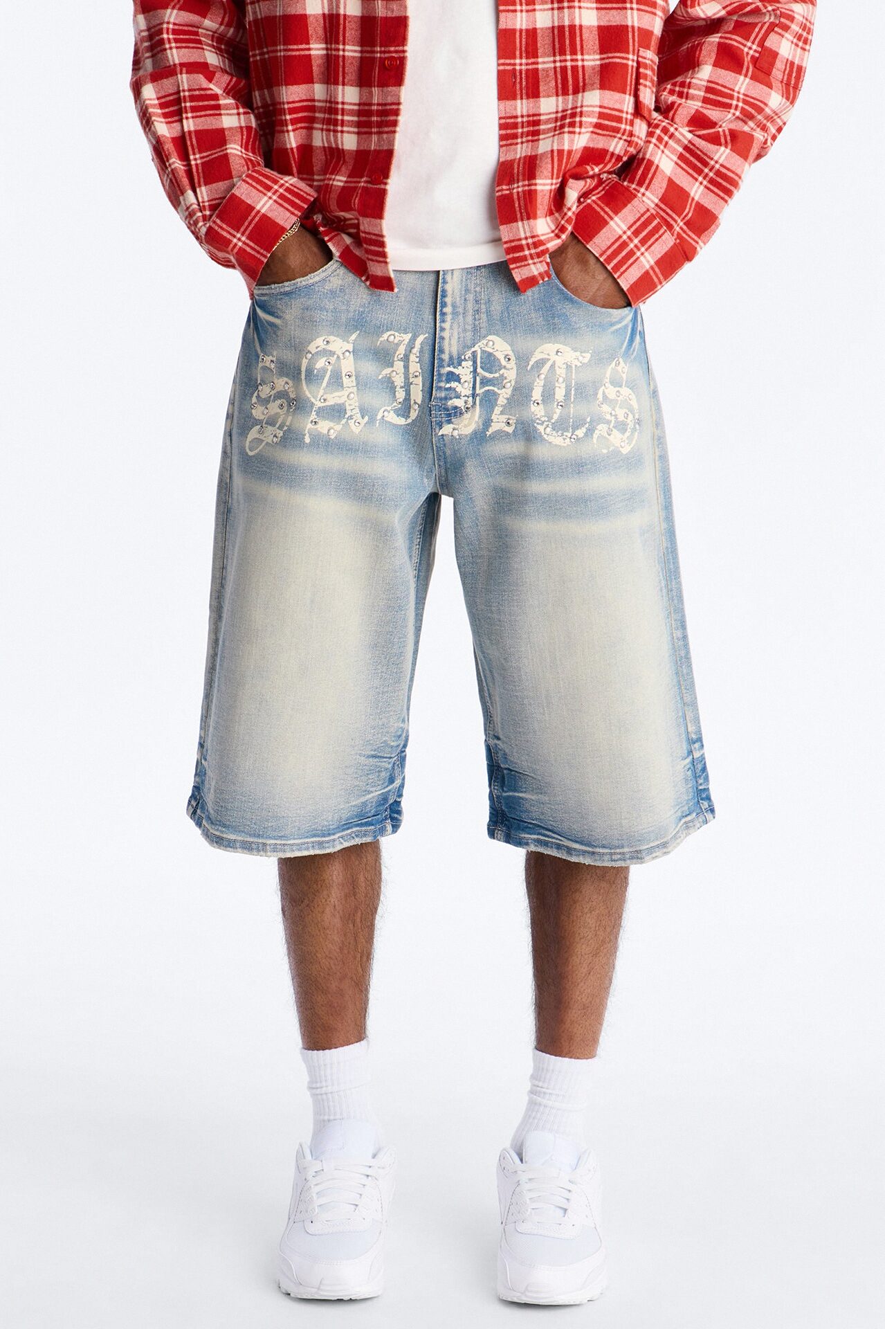 Relaxed Saints Embellished Denim Shorts - Light Blue Wash