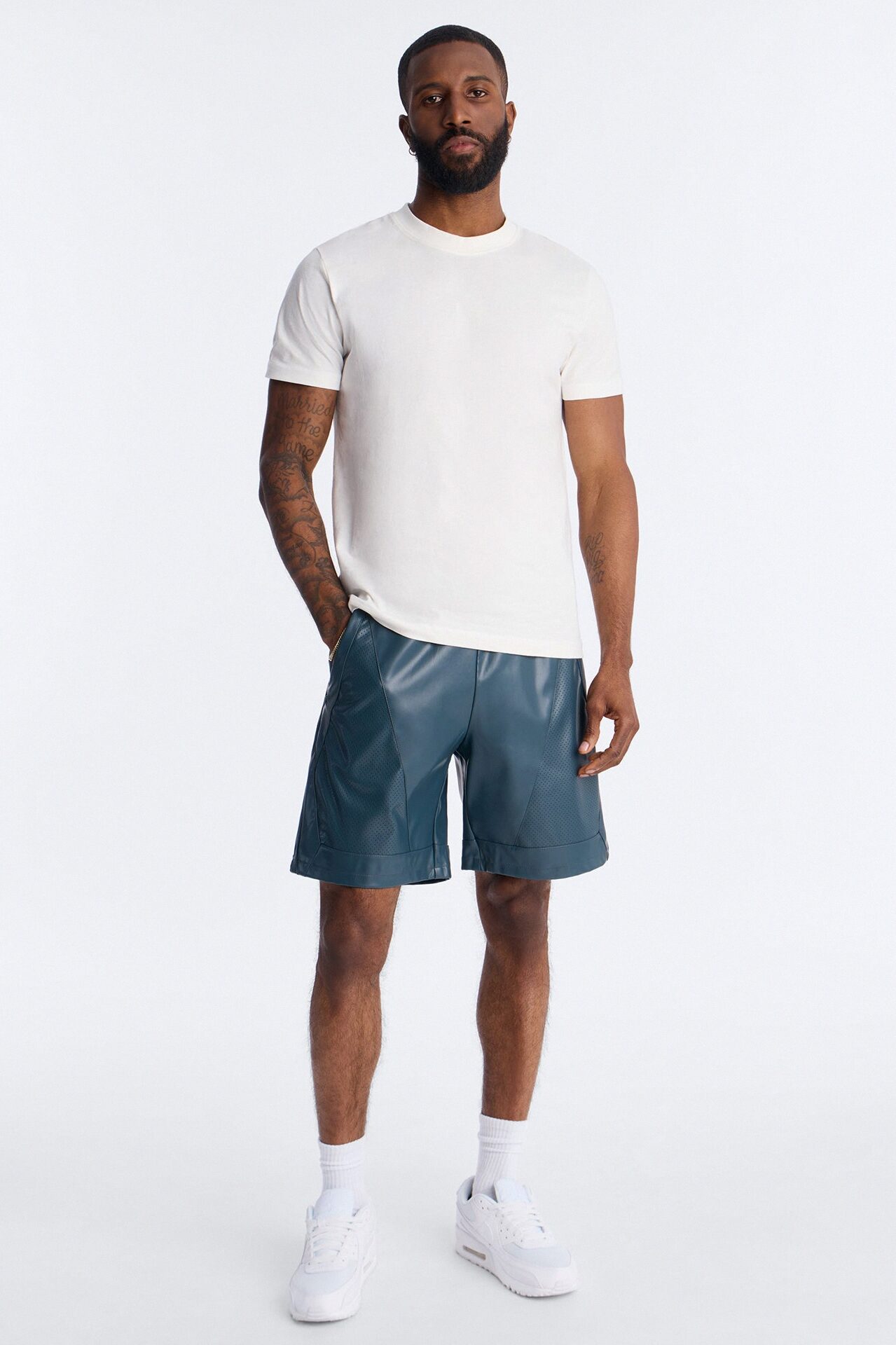 Relaxed Perforated Faux Leather Short - Navy