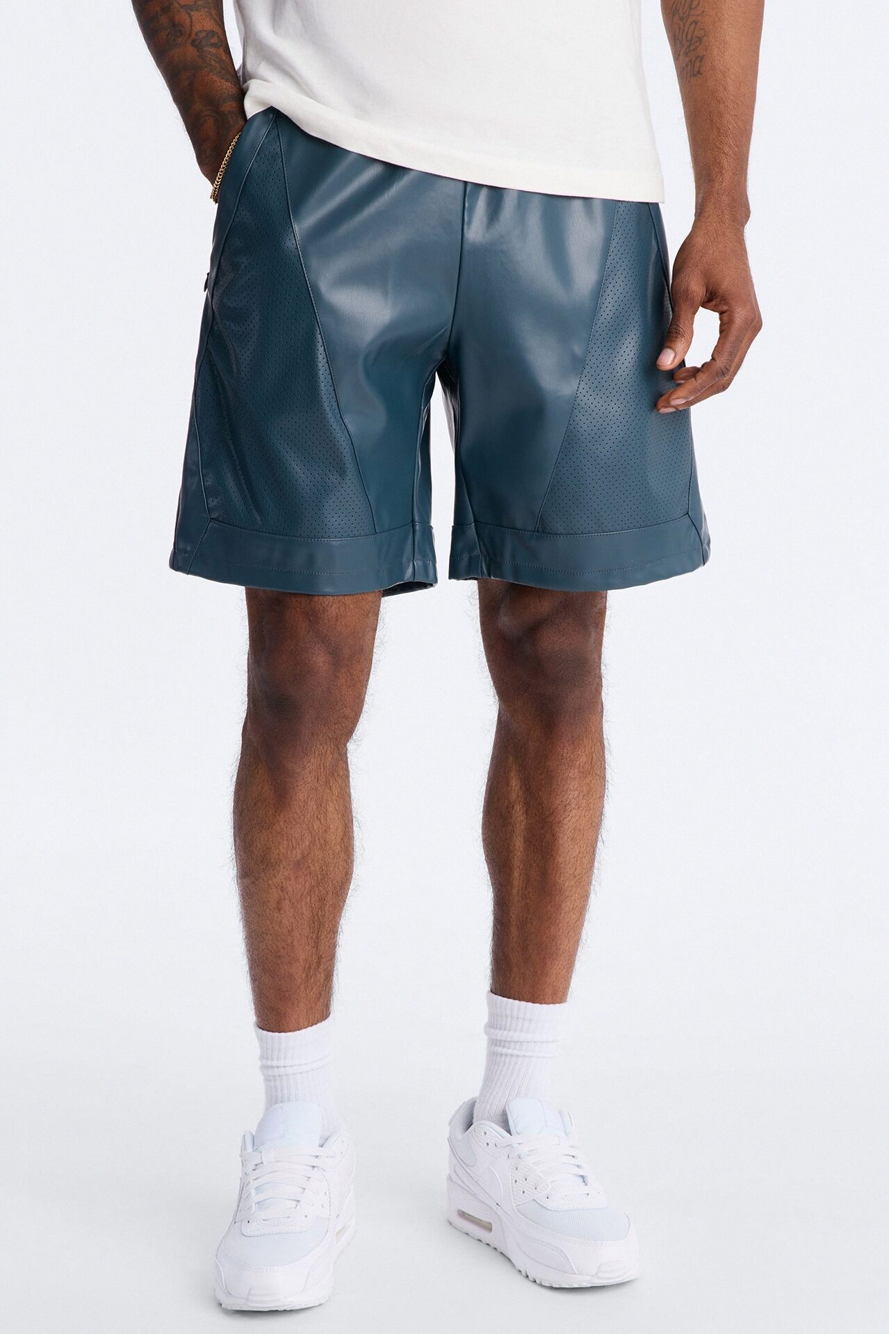 Relaxed Perforated Faux Leather Short - Navy