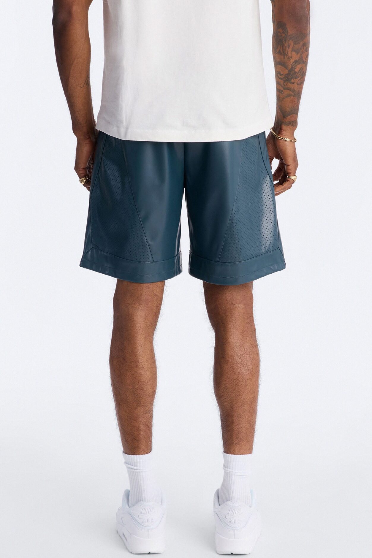 Relaxed Perforated Faux Leather Short - Navy