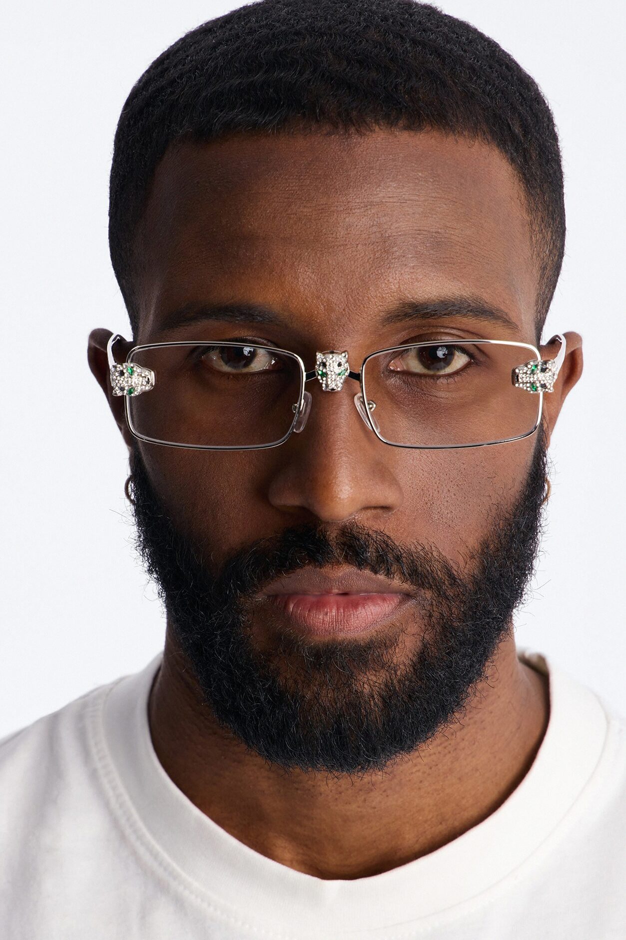 Iced Panther Rectangle Metal Sunglasses - Silver