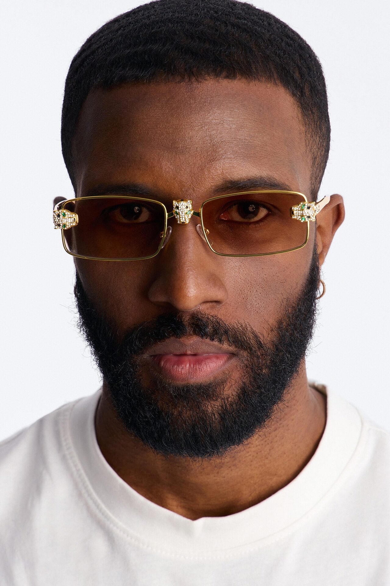 Iced Panther Rectangle Metal Sunglasses - Gold/Brown
