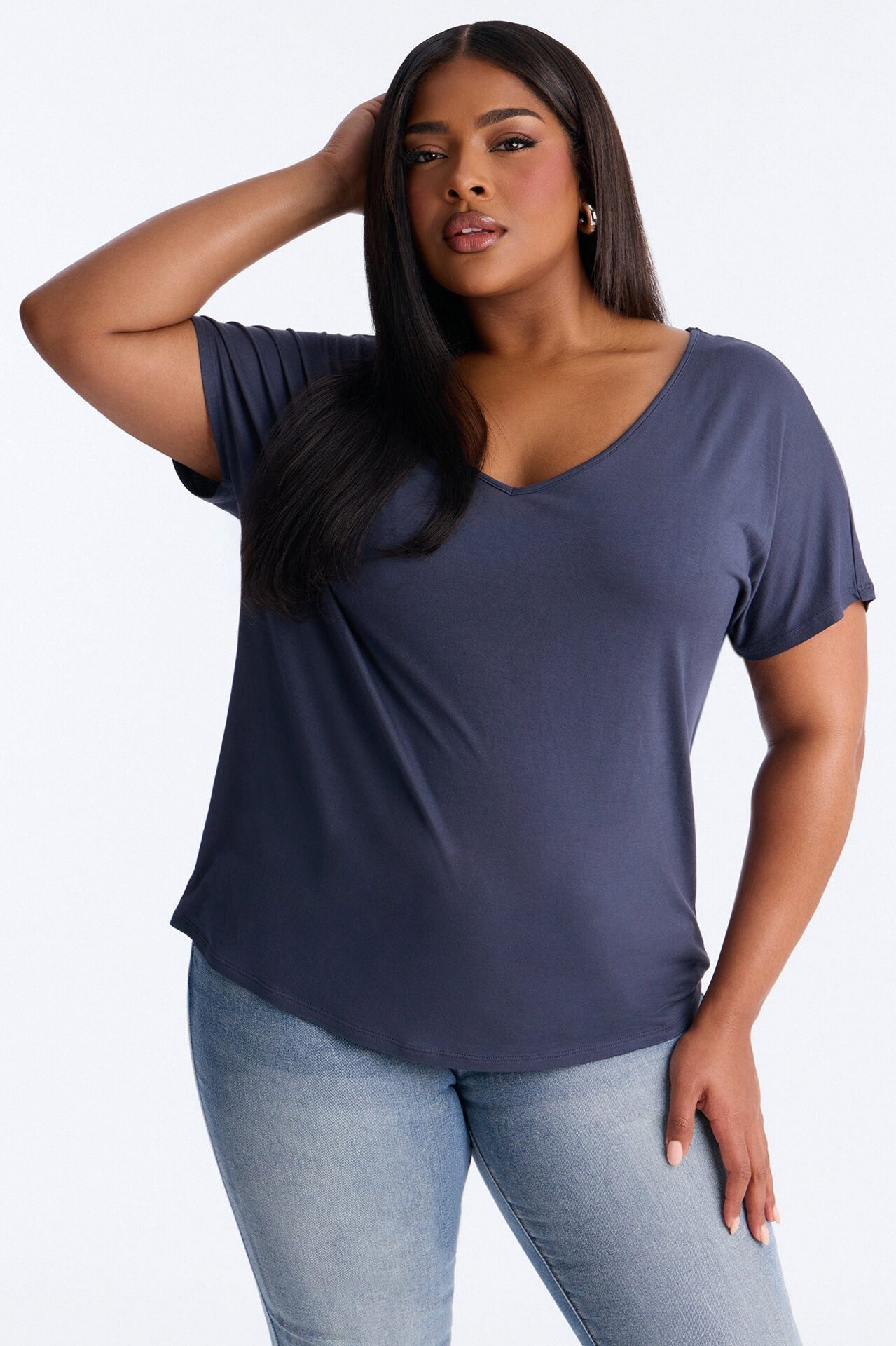 Tasmin Oversized V Neck Tee - Navy
