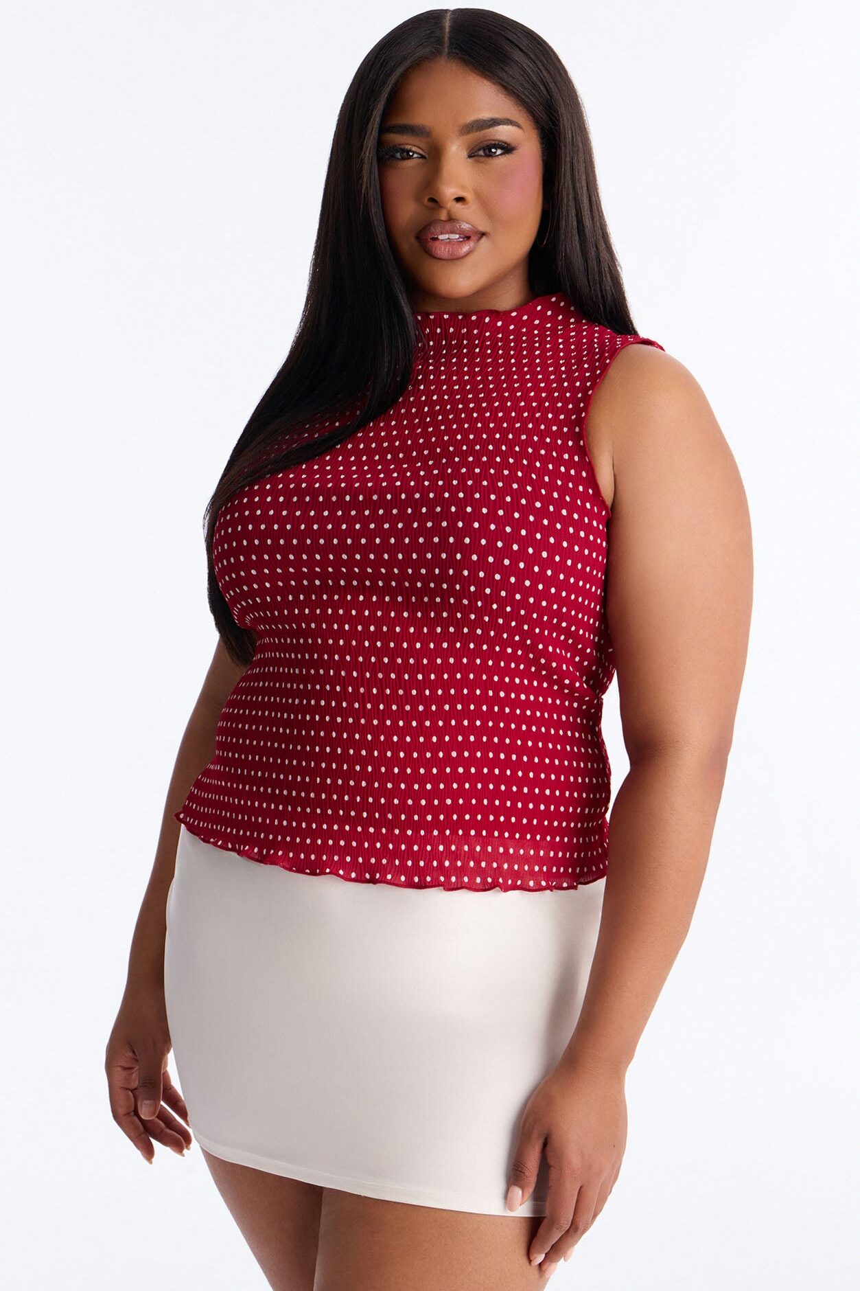 Into Paradise Mock Neck Polka Dot Plisse Top - Red/combo