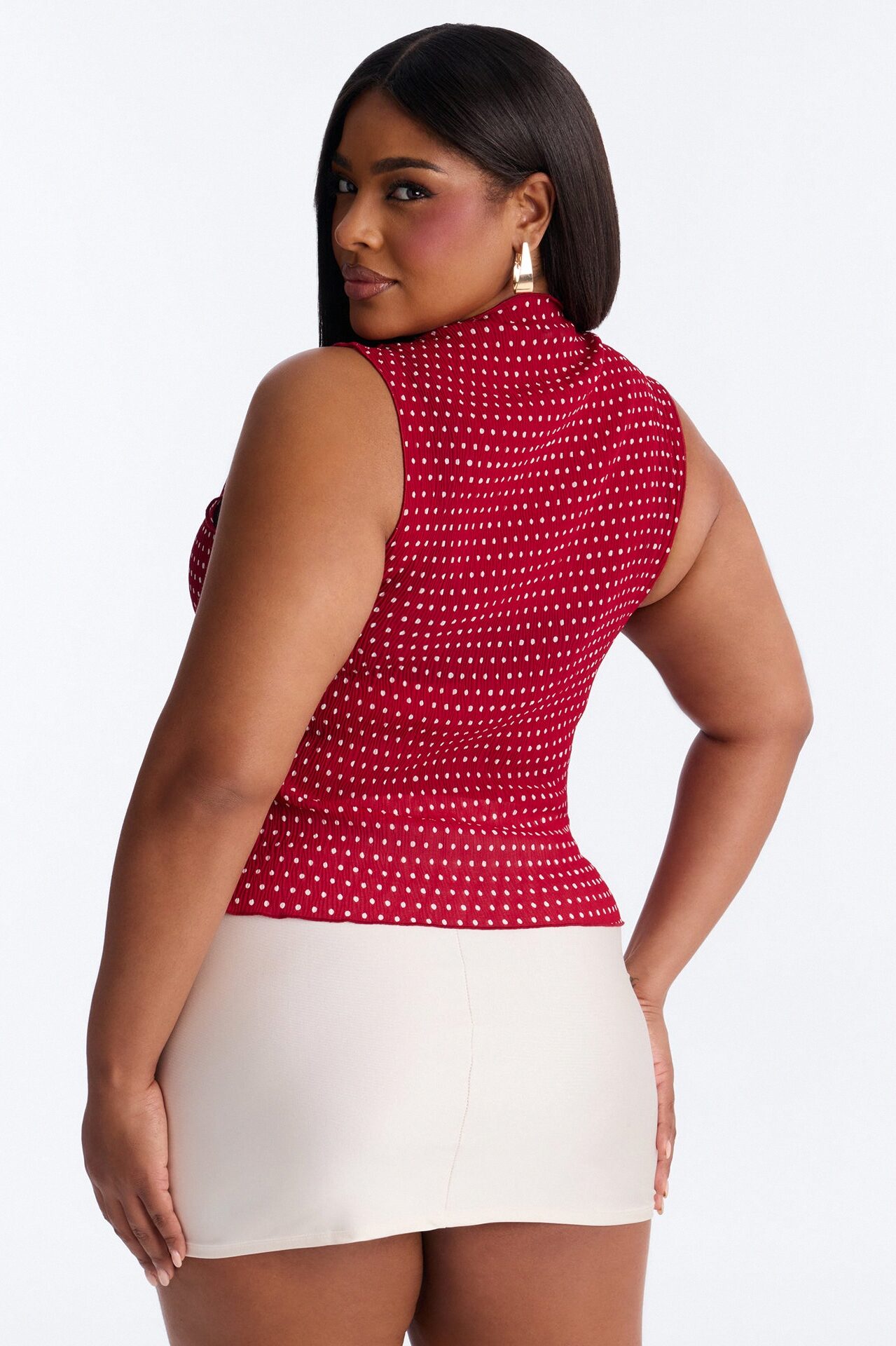 Into Paradise Mock Neck Polka Dot Plisse Top - Red/combo