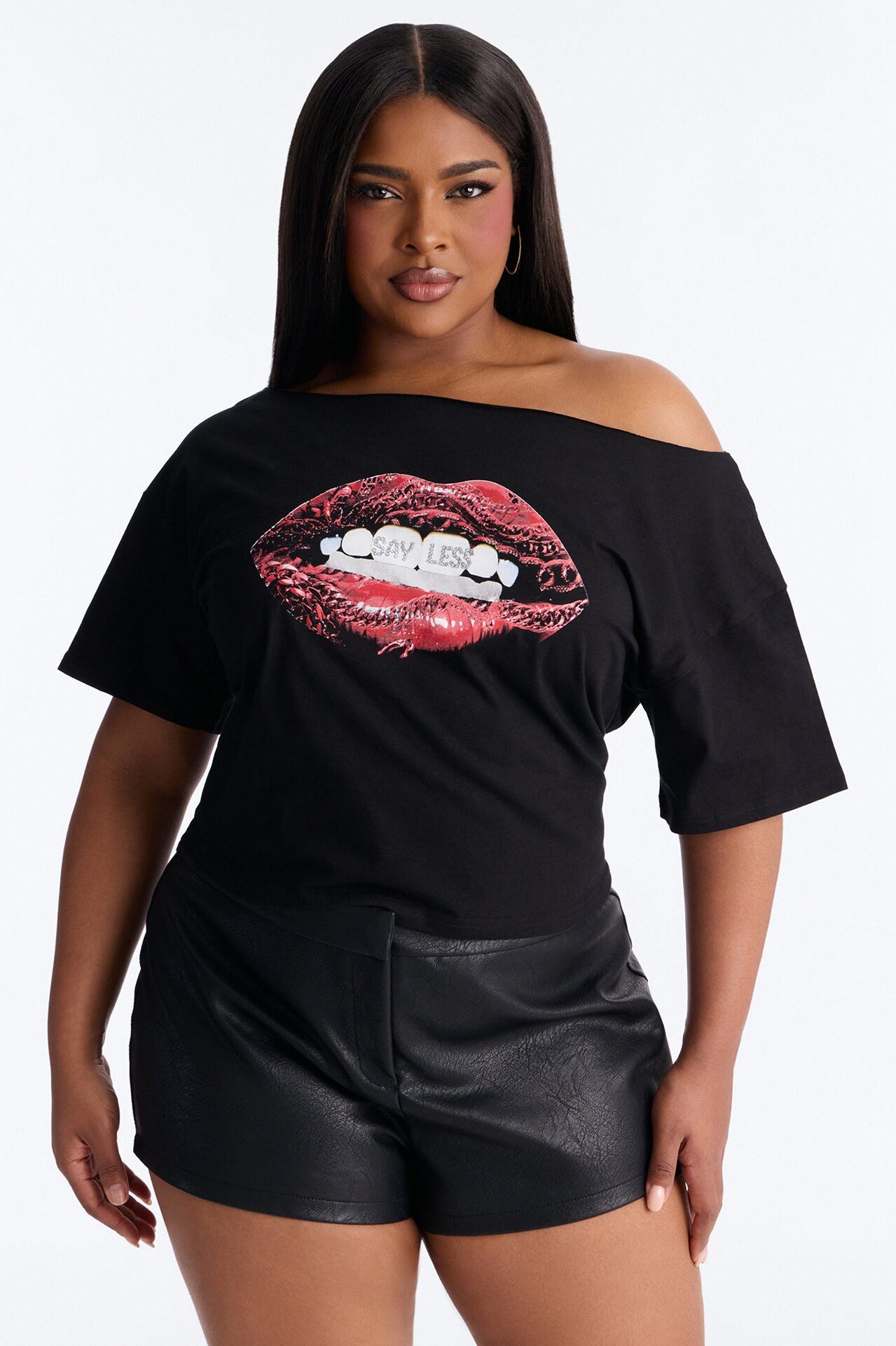 Say Less Lips Off Shoulder Tee - Black