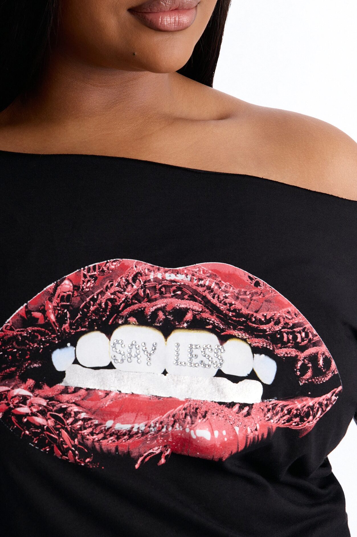 Say Less Lips Off Shoulder Tee - Black