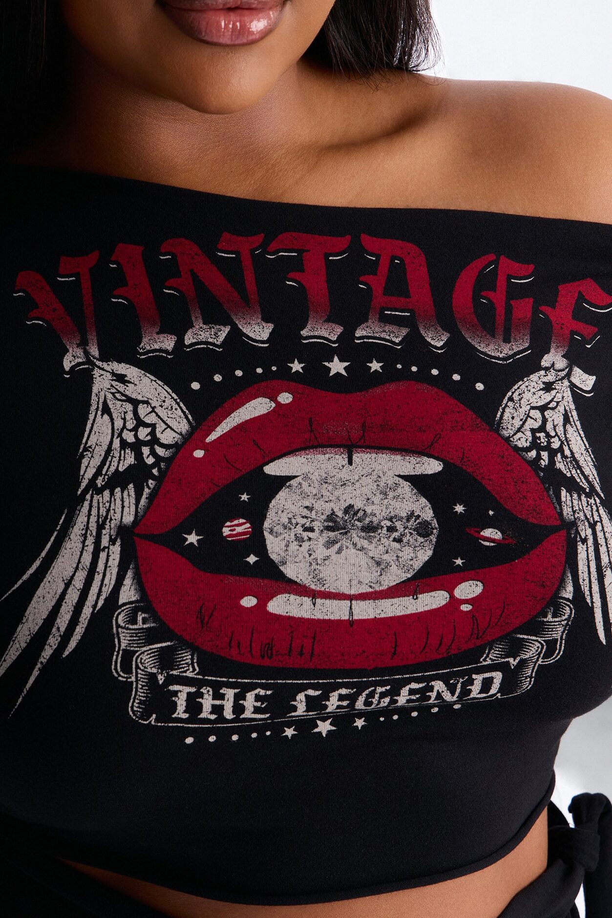 Vintage Legend Off Shoulder Cropped Top - Black