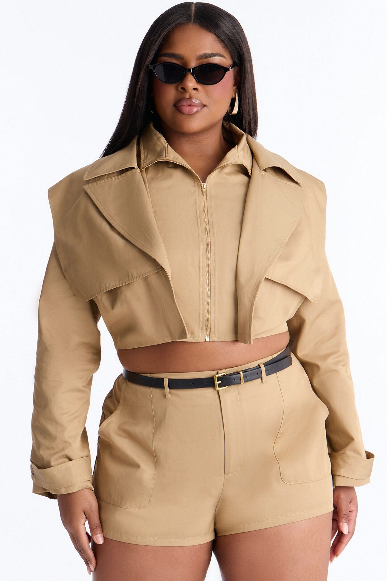 On A Ride Trench Jacket And Short Set - Khaki