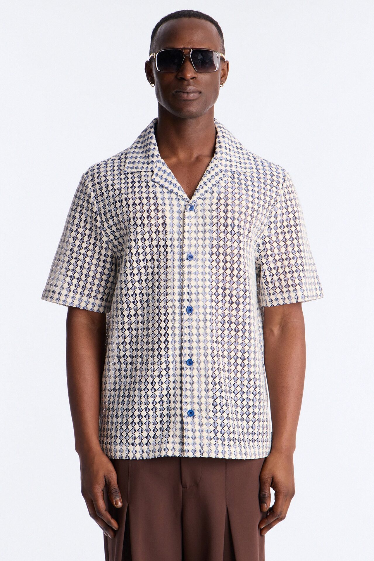 Skypuff Cloud Short Sleeve Cuban Collar Button Up Shirt - Blue